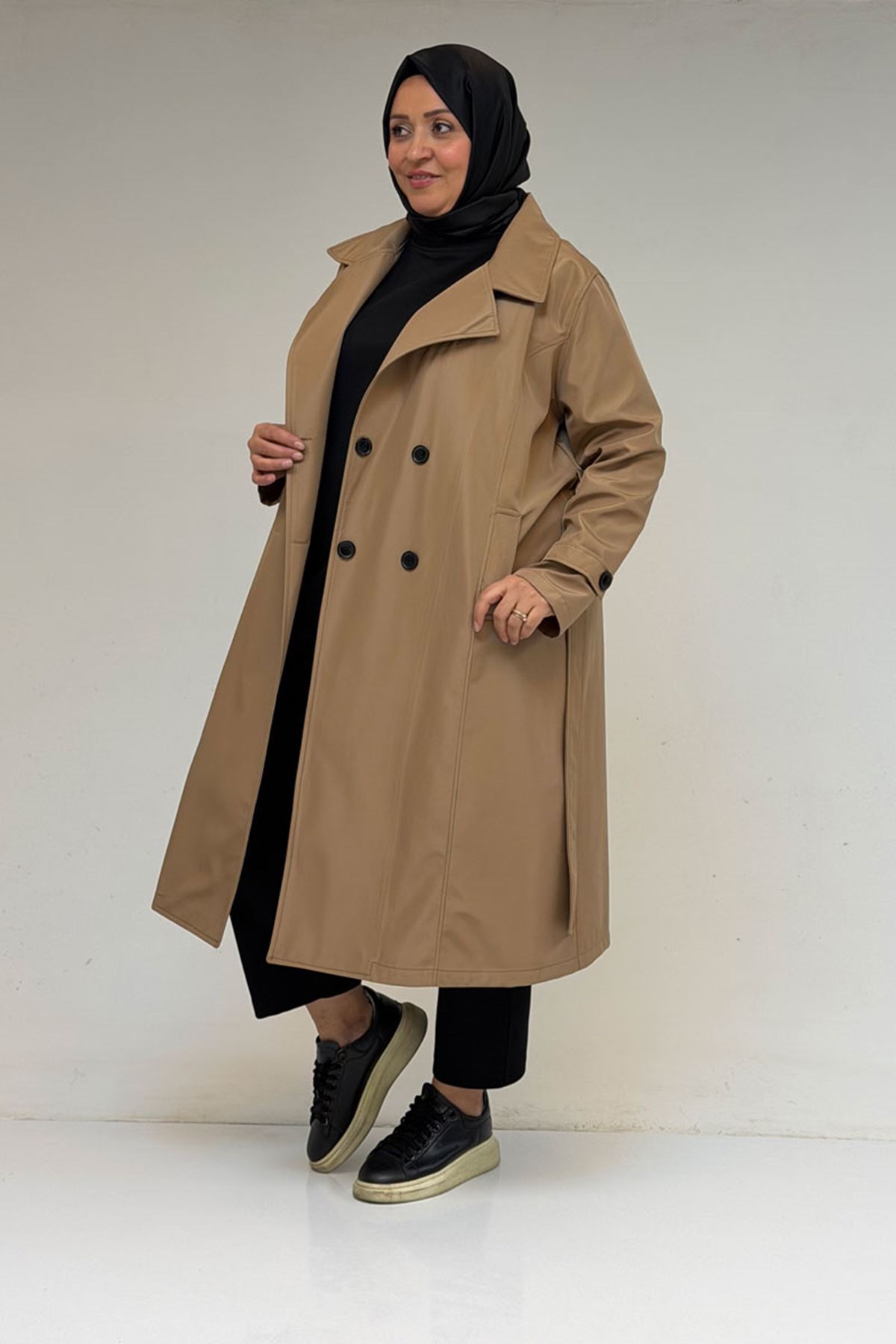33094 Büyük Beden Bondit Kemerli Trençkot - Vizon