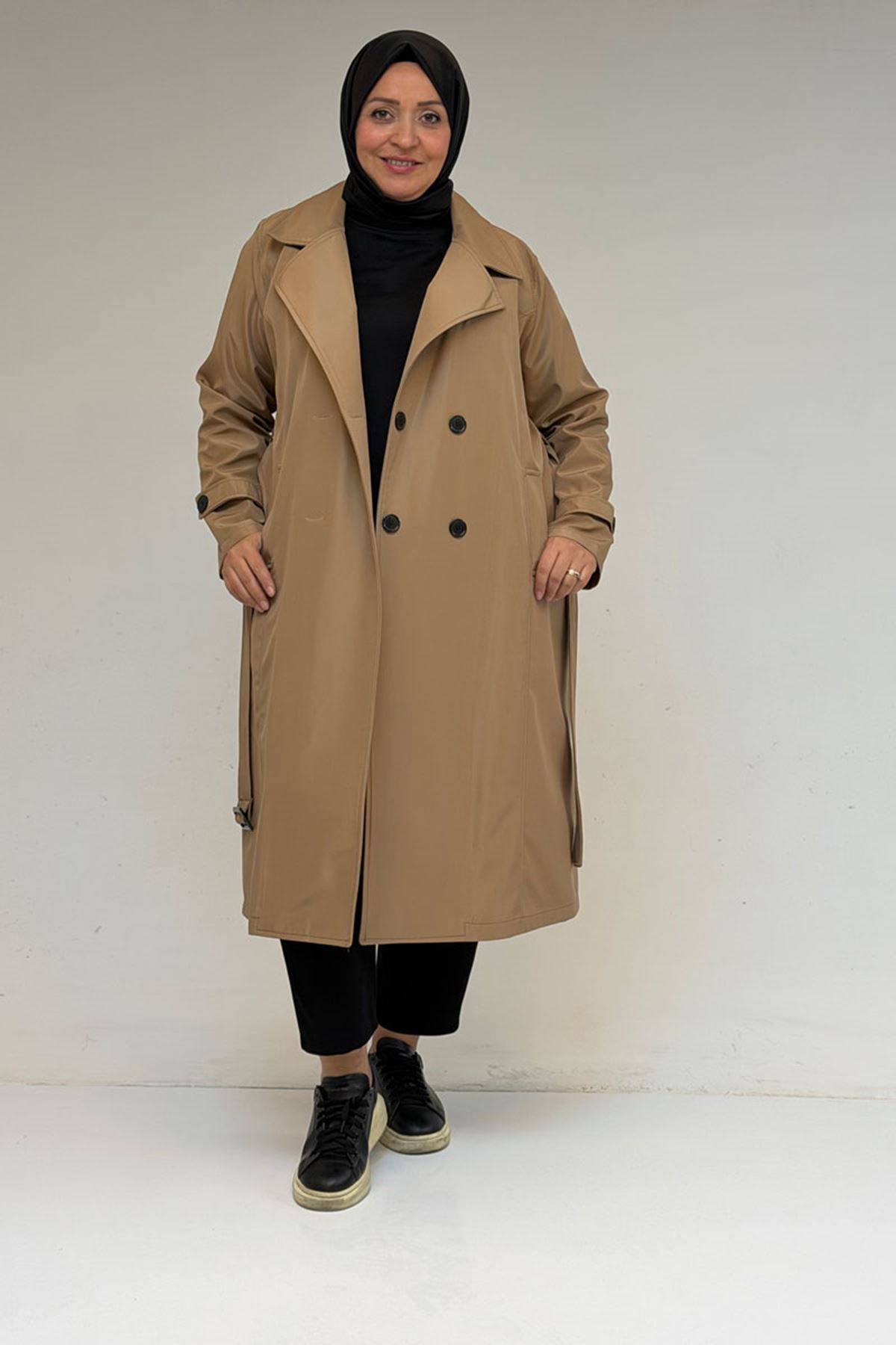 33094 Büyük Beden Bondit Kemerli Trençkot - Vizon