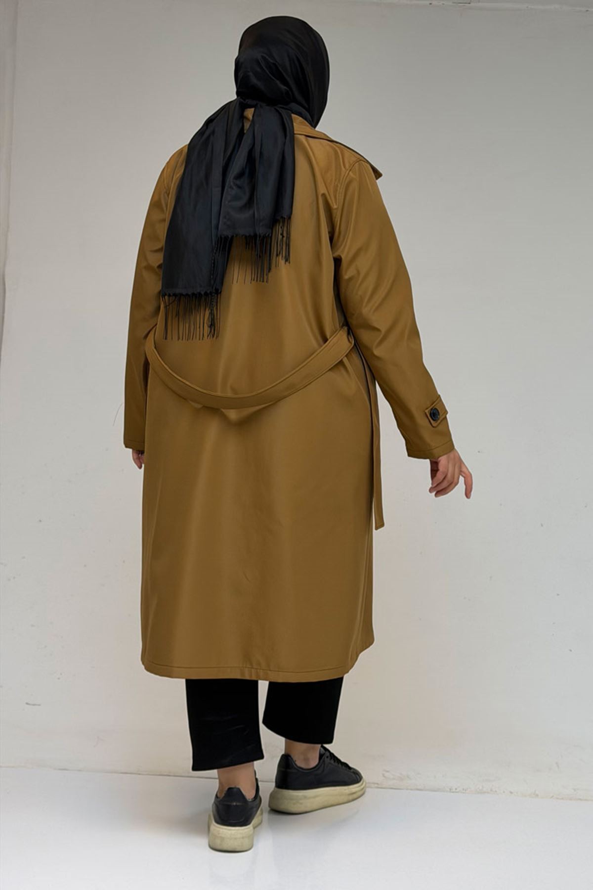 33094 Büyük Beden Bondit Kemerli Trençkot - Açık Taba