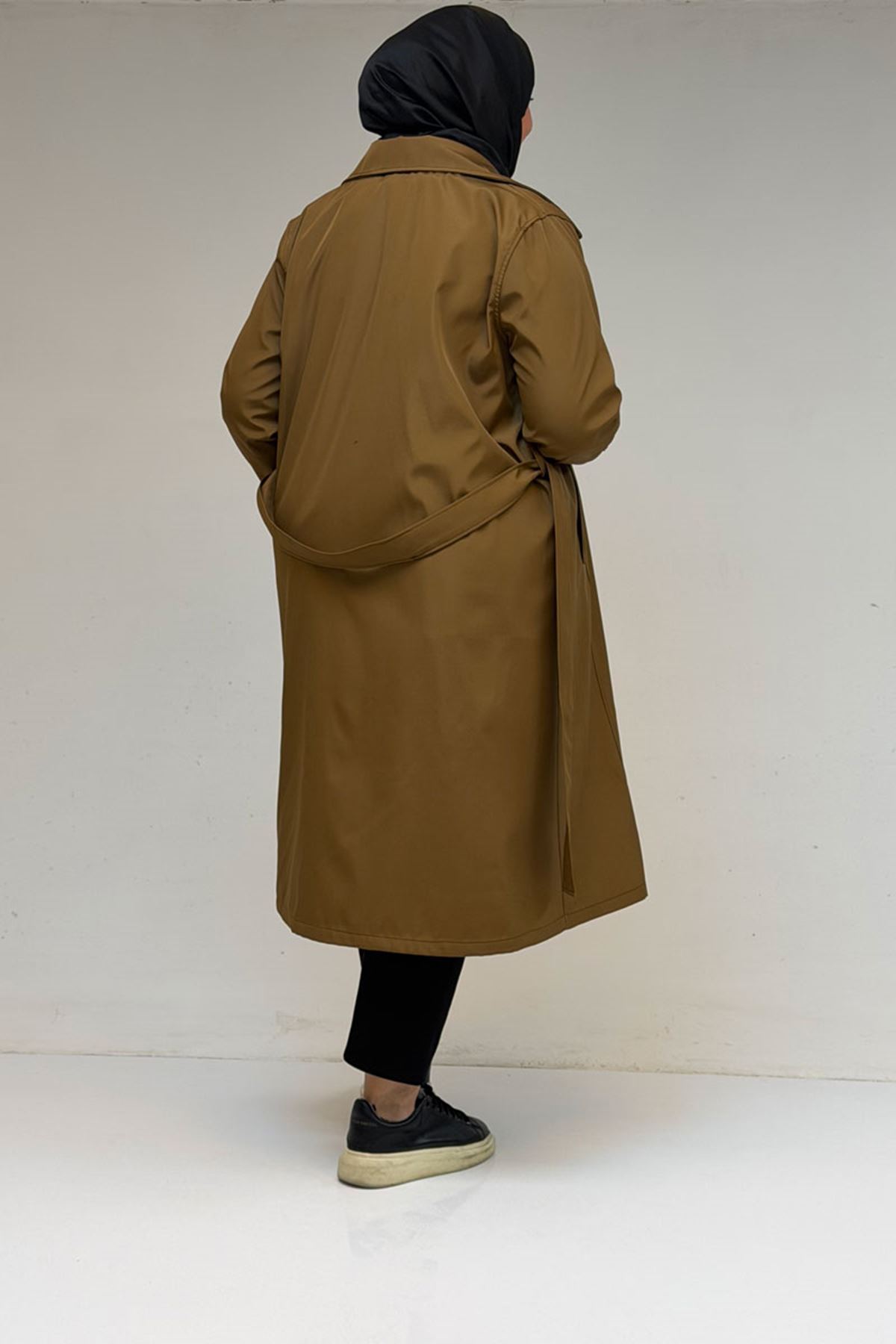 33094 Büyük Beden Bondit Kemerli Trençkot - Taba