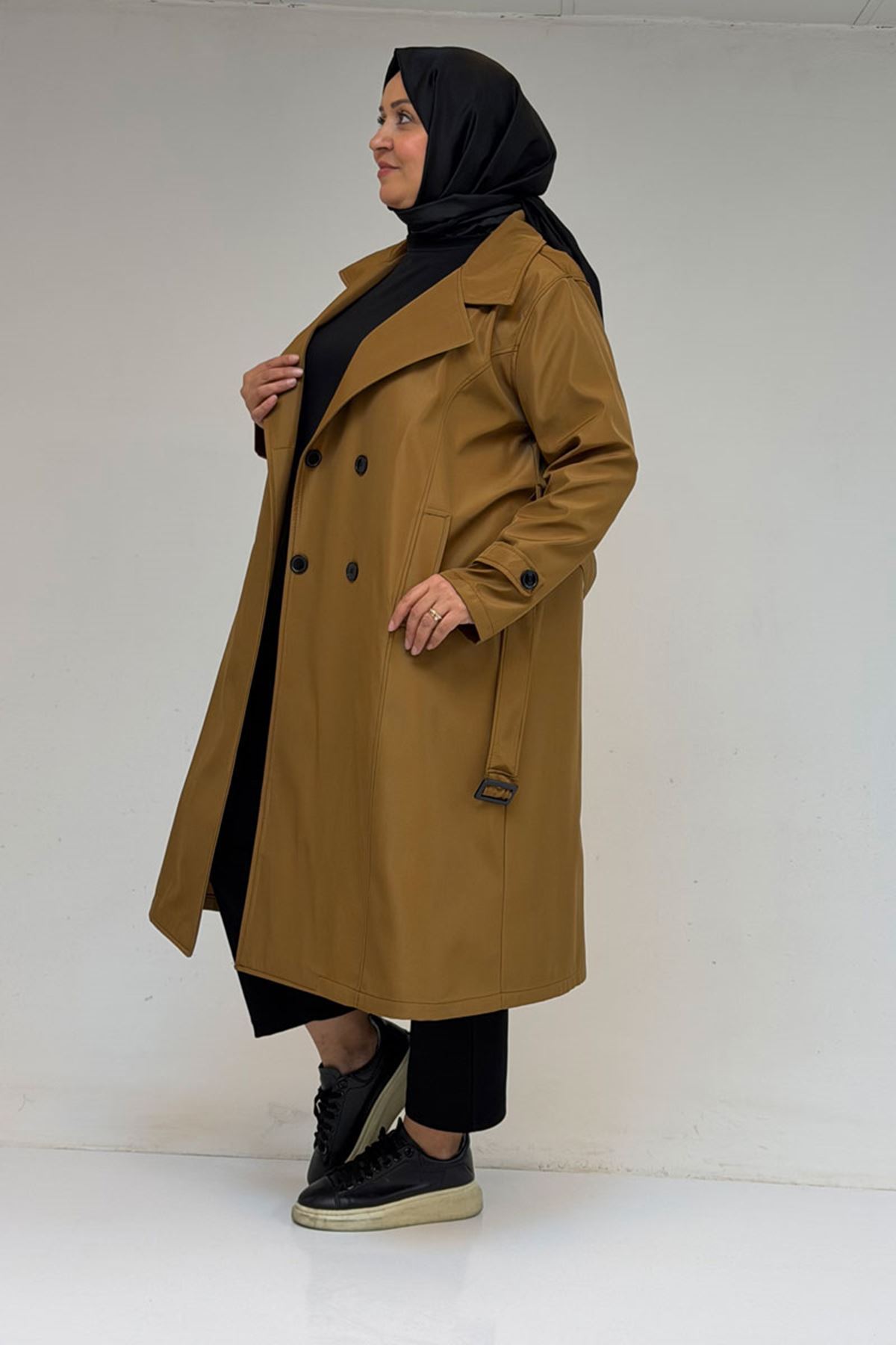 33094 Büyük Beden Bondit Kemerli Trençkot - Açık Taba