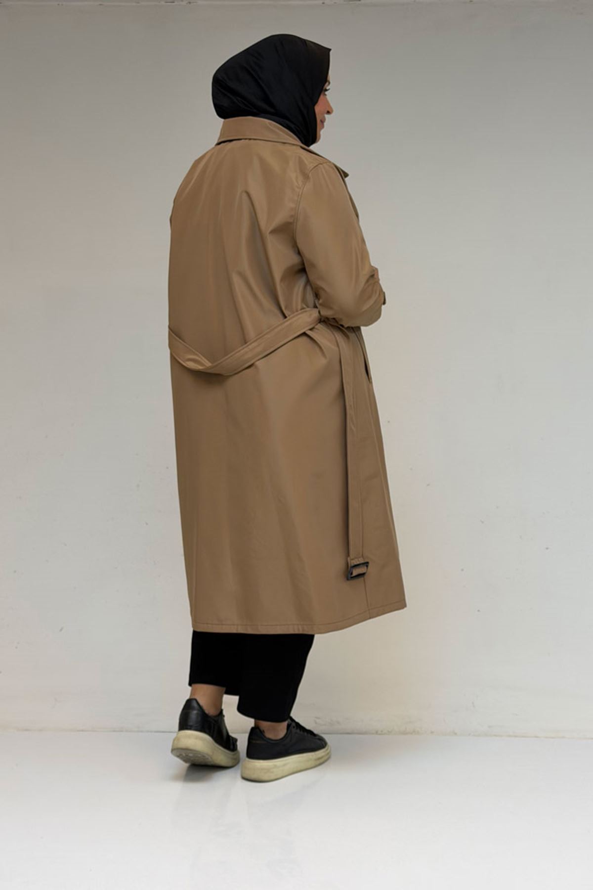 33094 Büyük Beden Bondit Kemerli Trençkot - Vizon