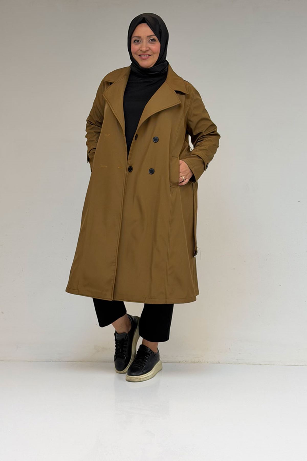 33094 Büyük Beden Bondit Kemerli Trençkot - Taba