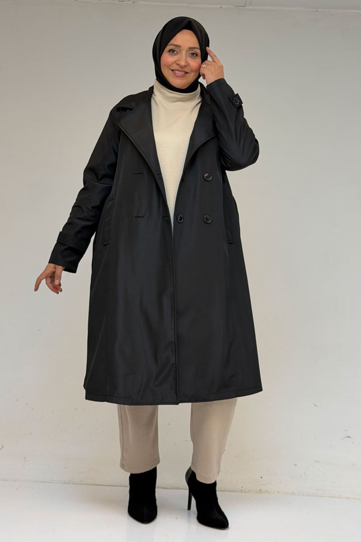 33094 Büyük Beden Bondit Kemerli Trençkot - Siyah