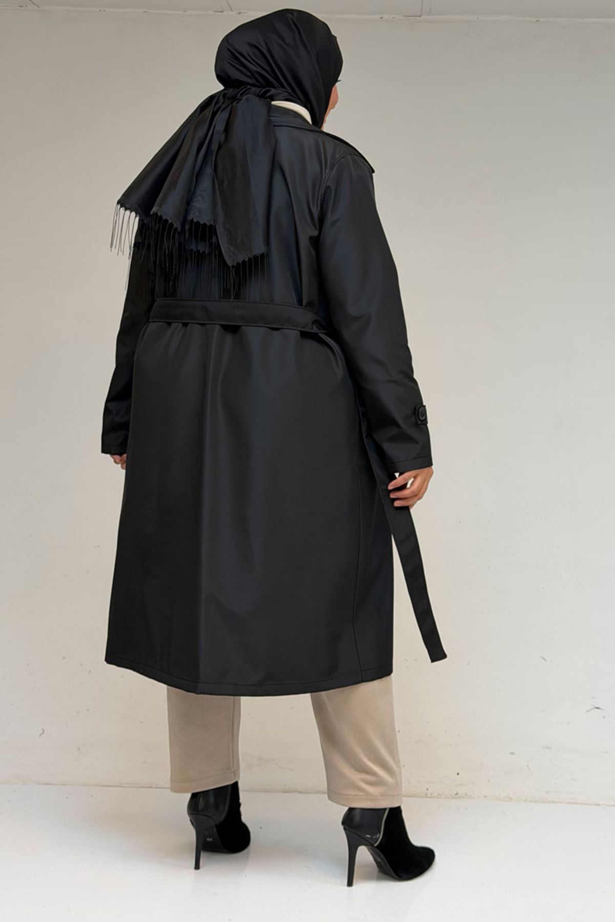 33094 Büyük Beden Bondit Kemerli Trençkot - Siyah