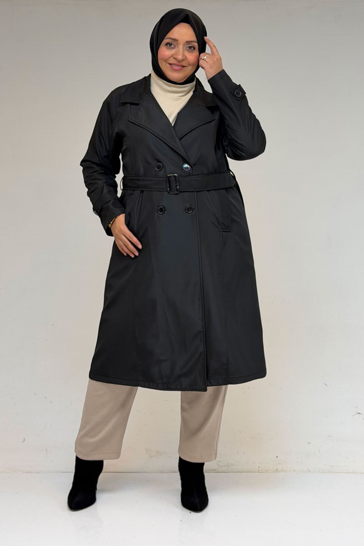 33094 Büyük Beden Bondit Kemerli Trençkot - Siyah