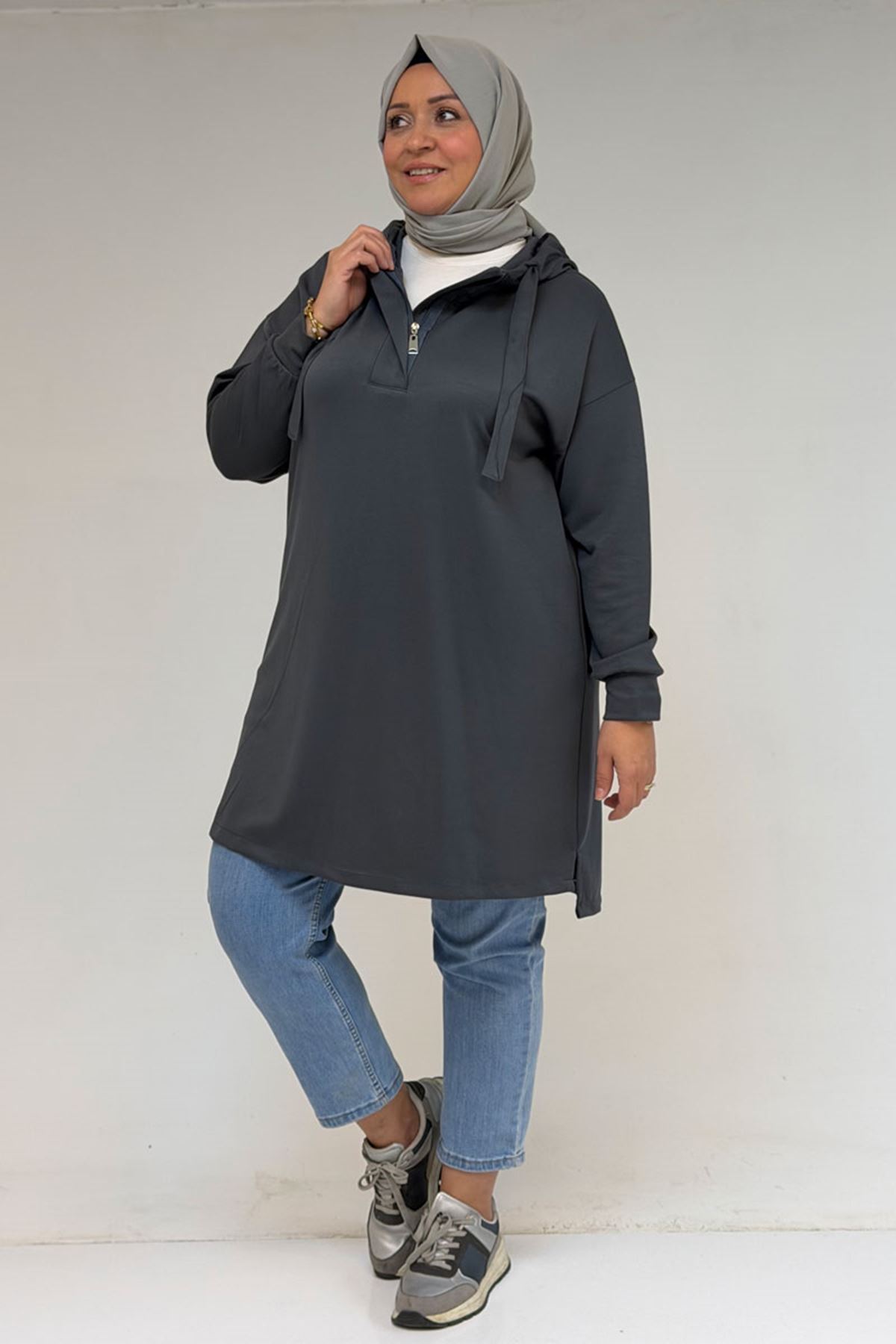 58135 Büyük Beden Kapşonlu Yarım Petlı Modal Tunik - Antrasit
