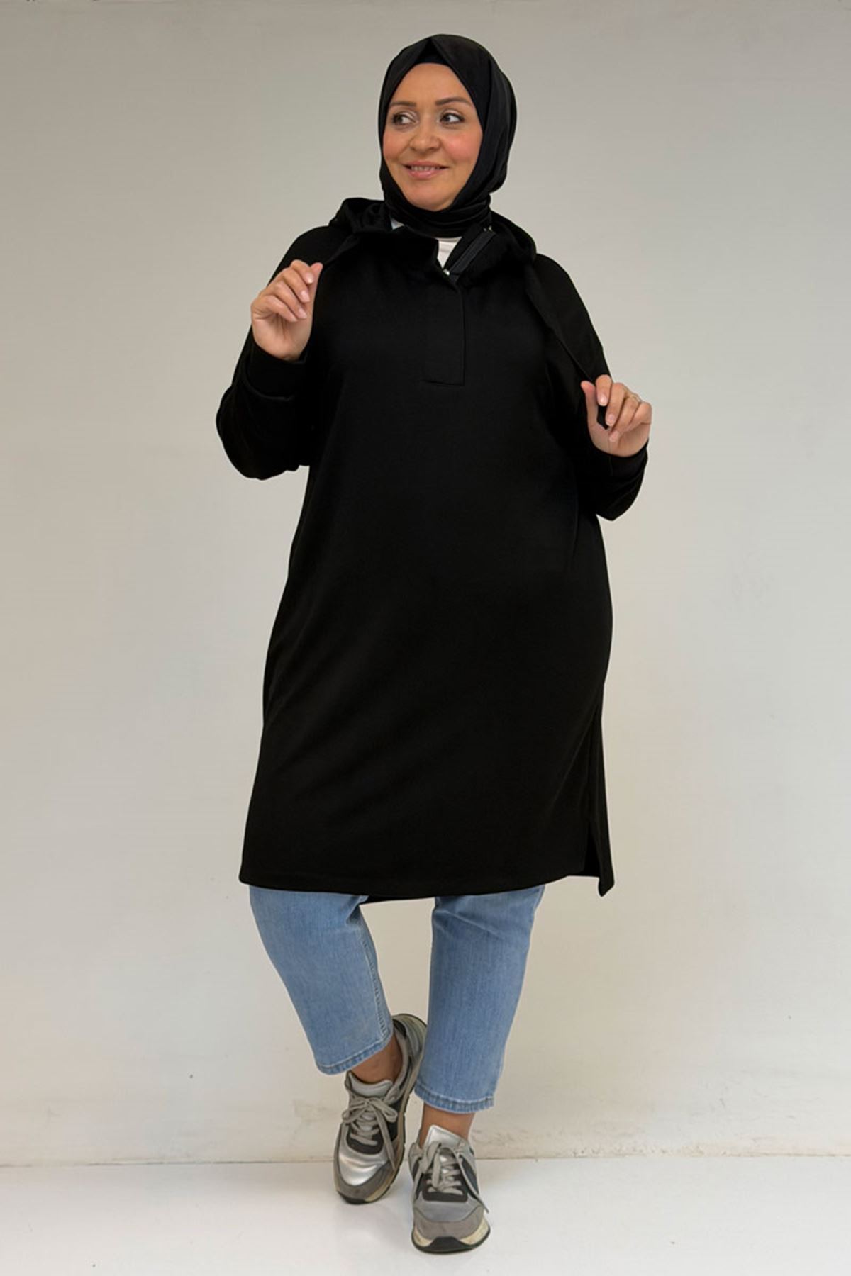58135 Büyük Beden Kapşonlu Yarım Petlı Modal Tunik - Siyah