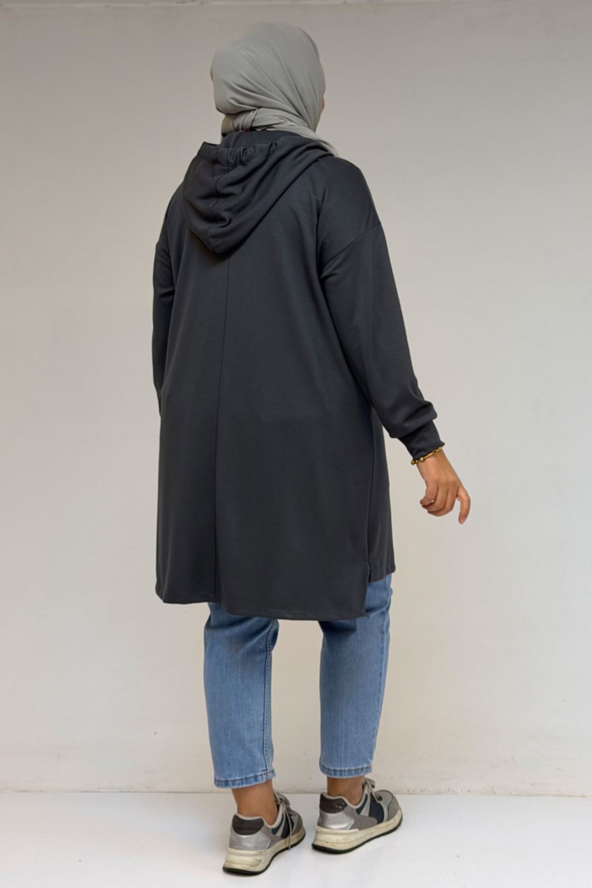 58135 Büyük Beden Kapşonlu Yarım Petlı Modal Tunik - Antrasit
