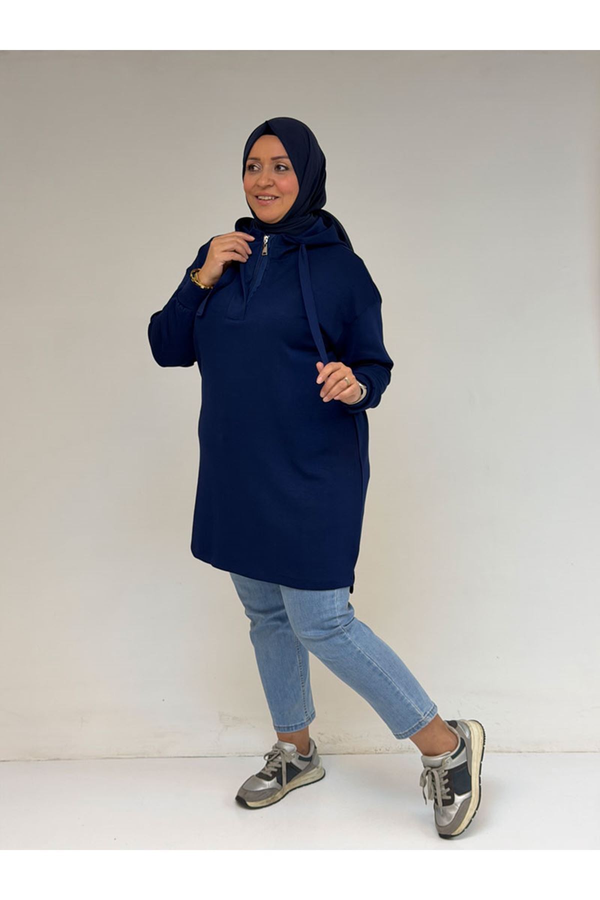 58135 Büyük Beden Kapşonlu Yarım Petlı Modal Tunik - İndigo