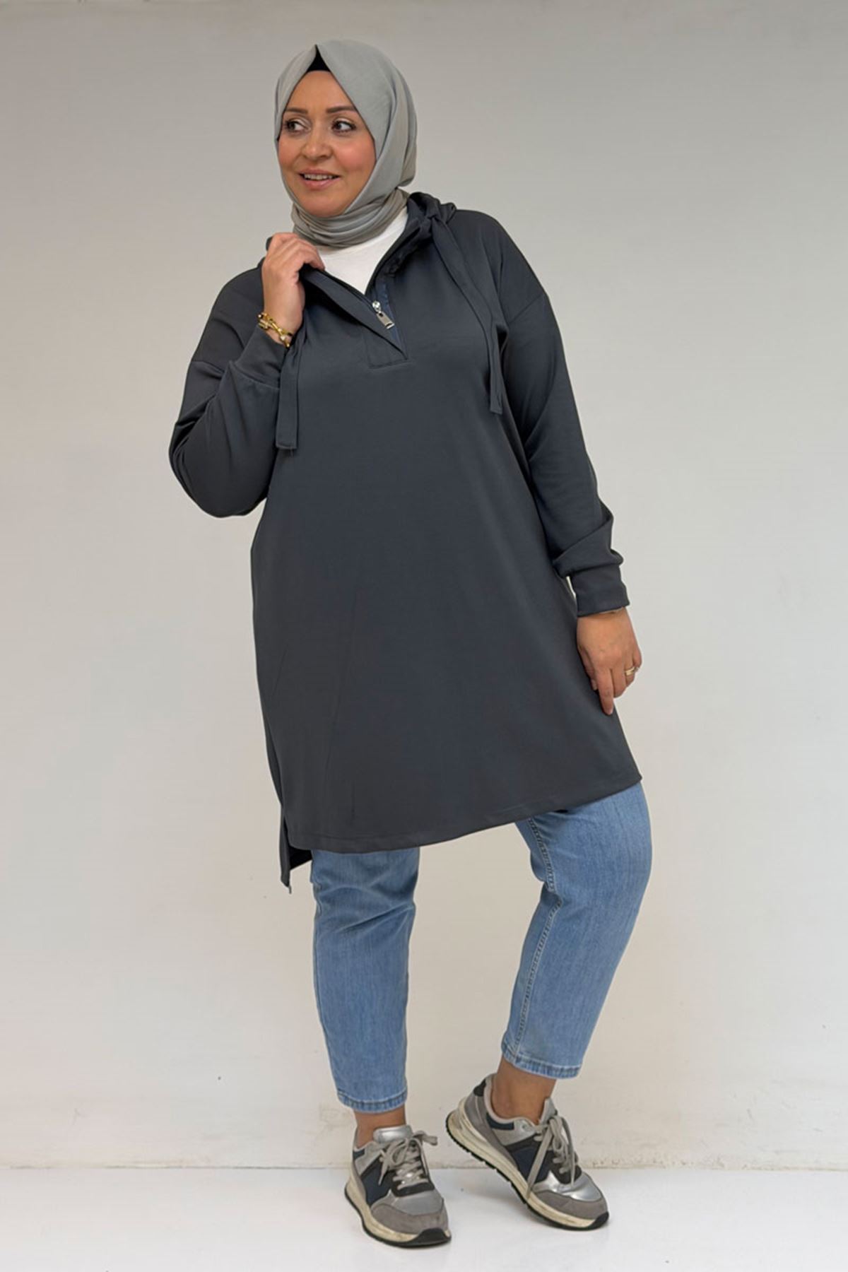 58135 Büyük Beden Kapşonlu Yarım Petlı Modal Tunik - Antrasit