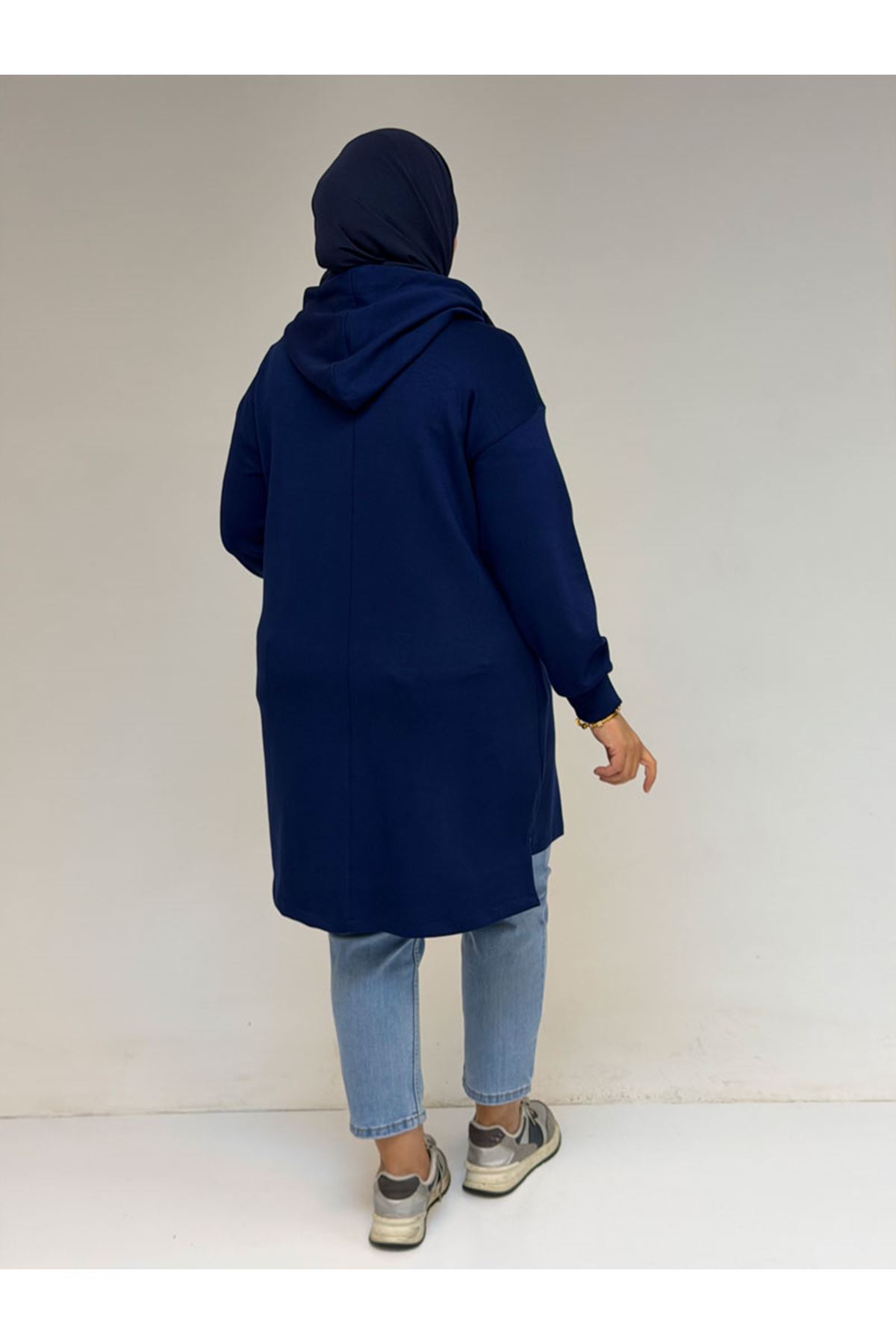 58135 Büyük Beden Kapşonlu Yarım Petlı Modal Tunik - İndigo