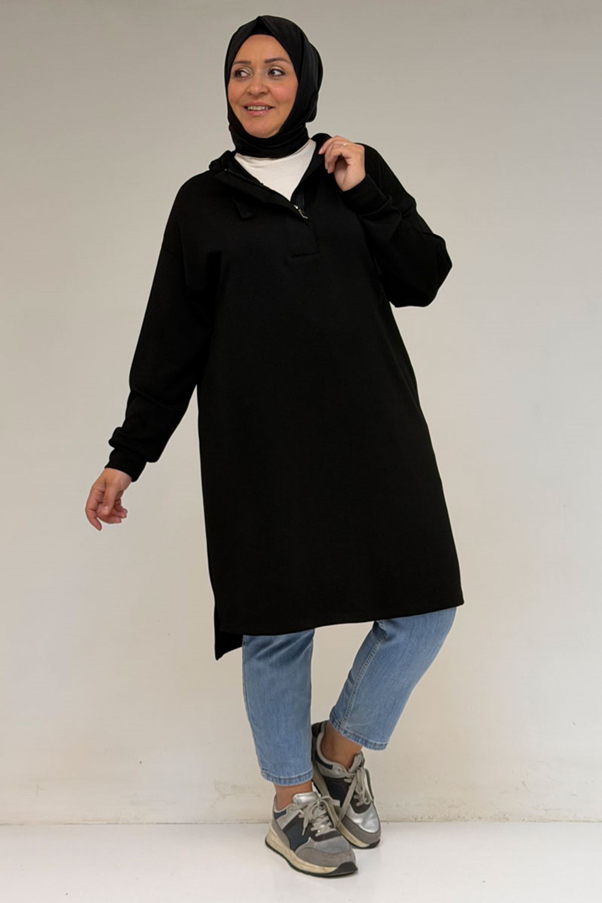 58135 Büyük Beden Kapşonlu Yarım Petlı Modal Tunik - Siyah