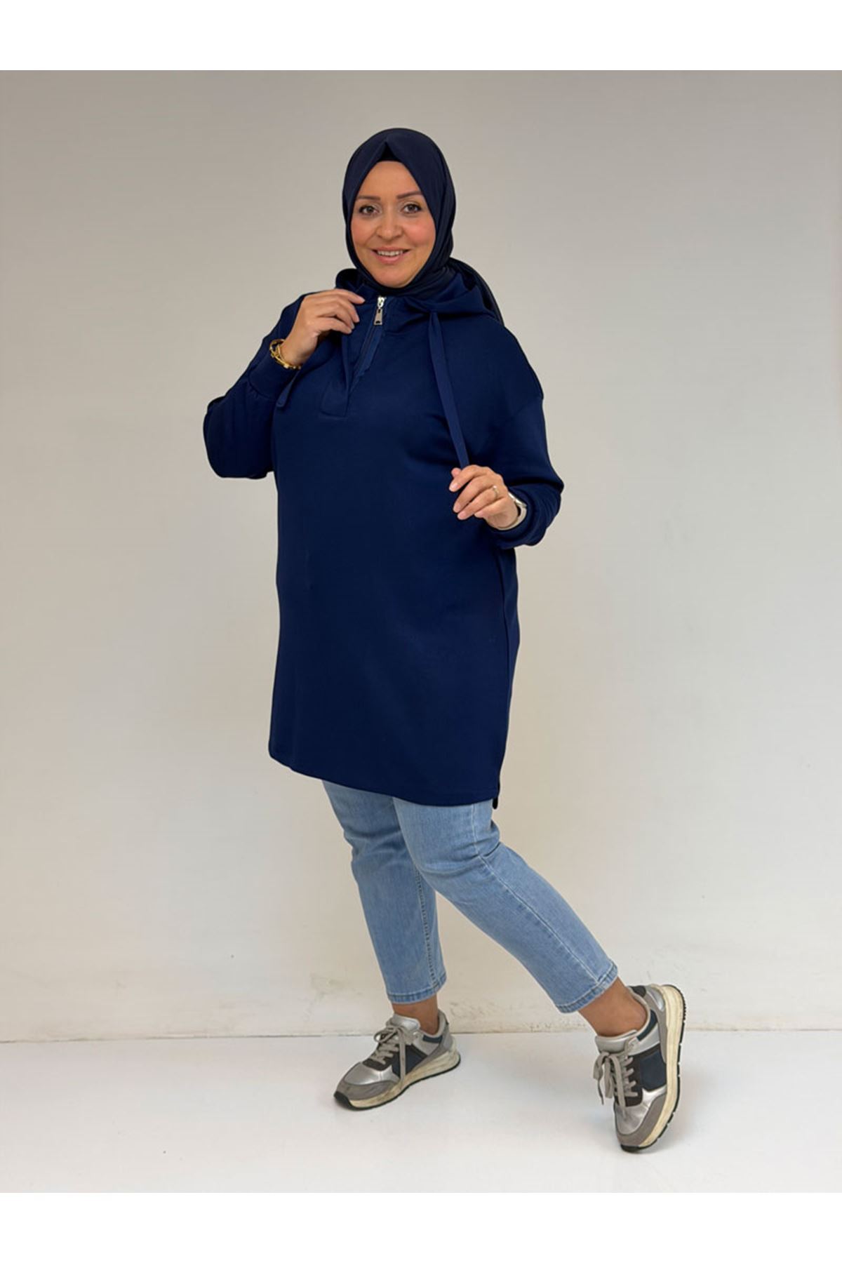 58135 Büyük Beden Kapşonlu Yarım Petlı Modal Tunik - İndigo