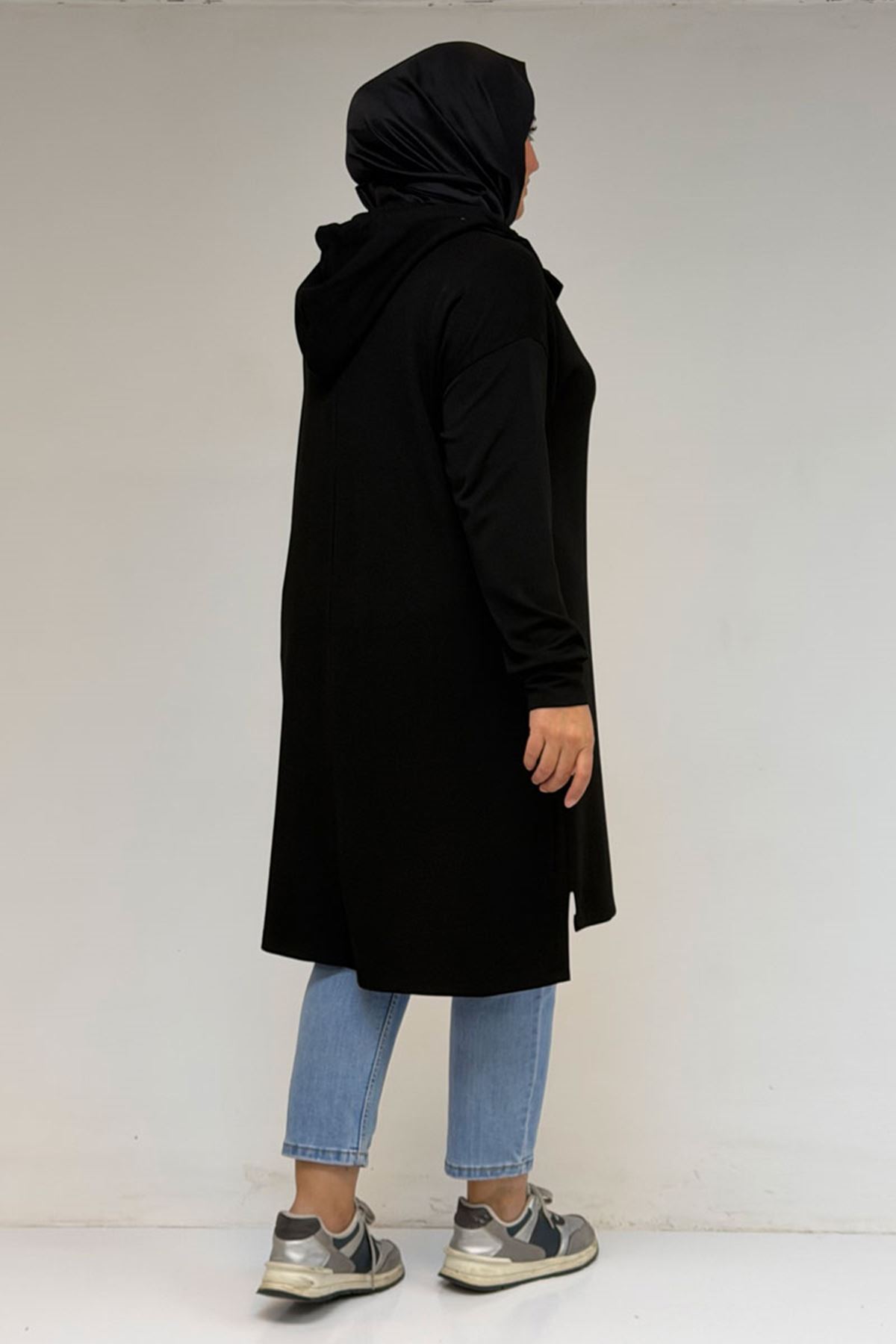 58135 Büyük Beden Kapşonlu Yarım Petlı Modal Tunik - Siyah
