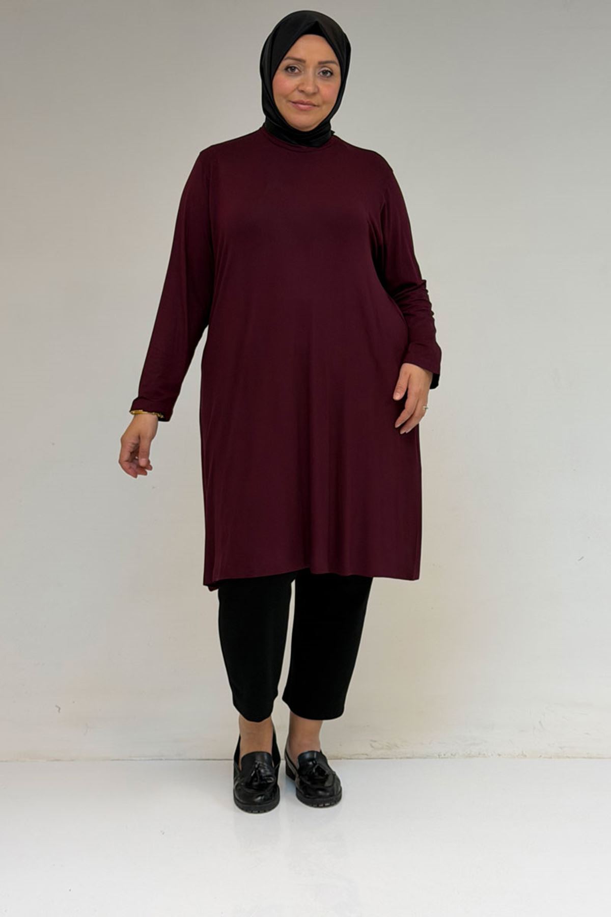 38501 Büyük Beden Basic Penye Tunik -  Bordo