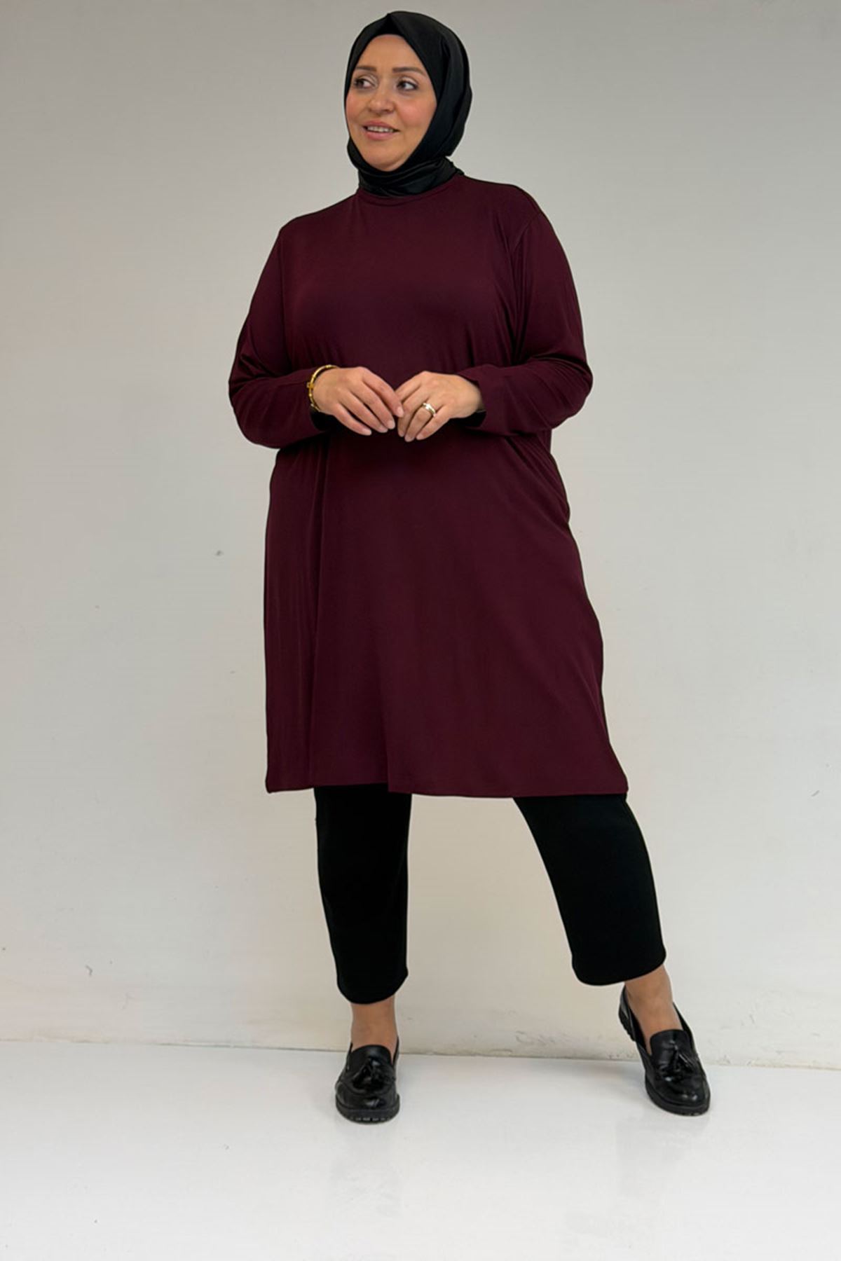 38501 Büyük Beden Basic Penye Tunik -  Bordo
