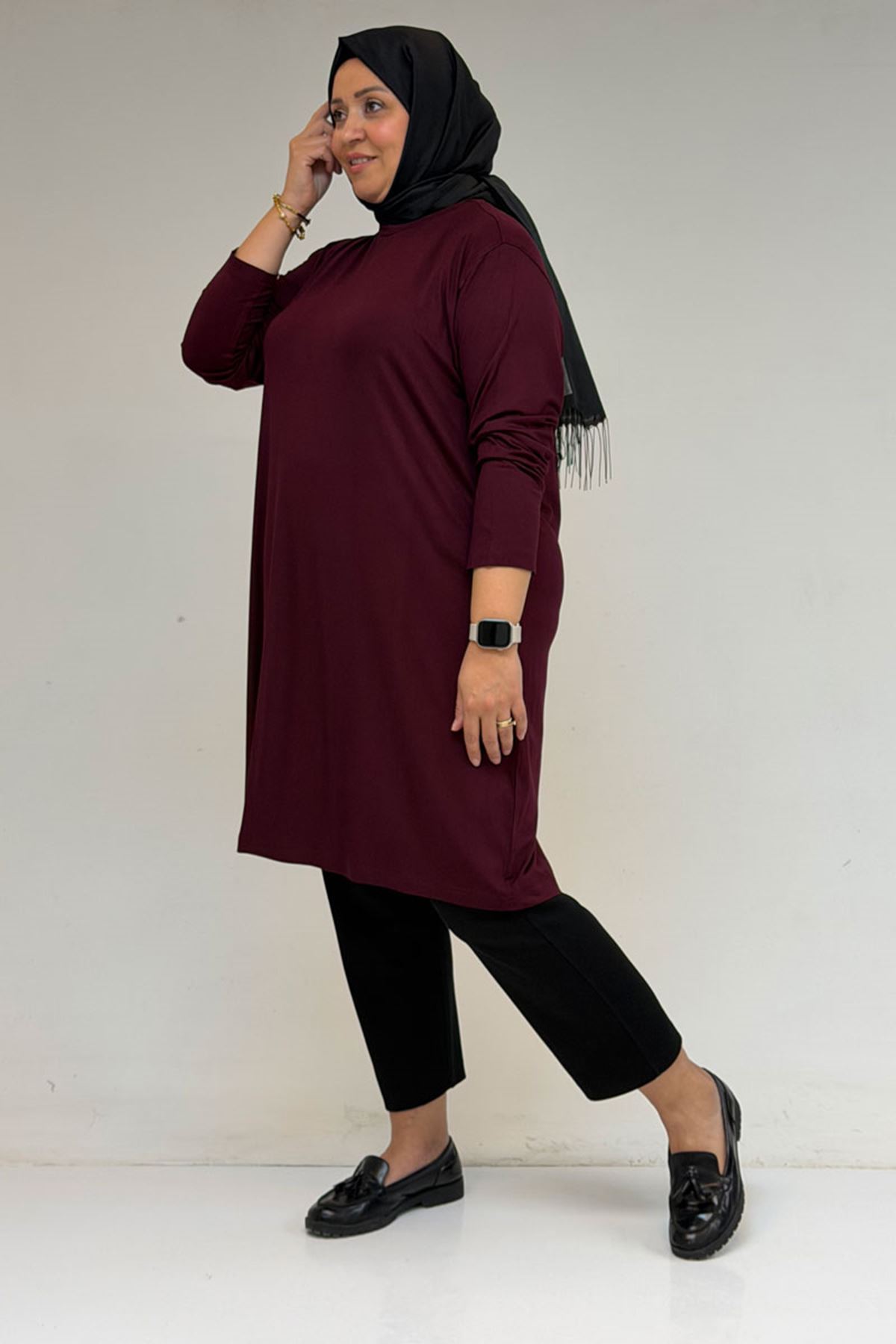 38501 Büyük Beden Basic Penye Tunik -  Bordo