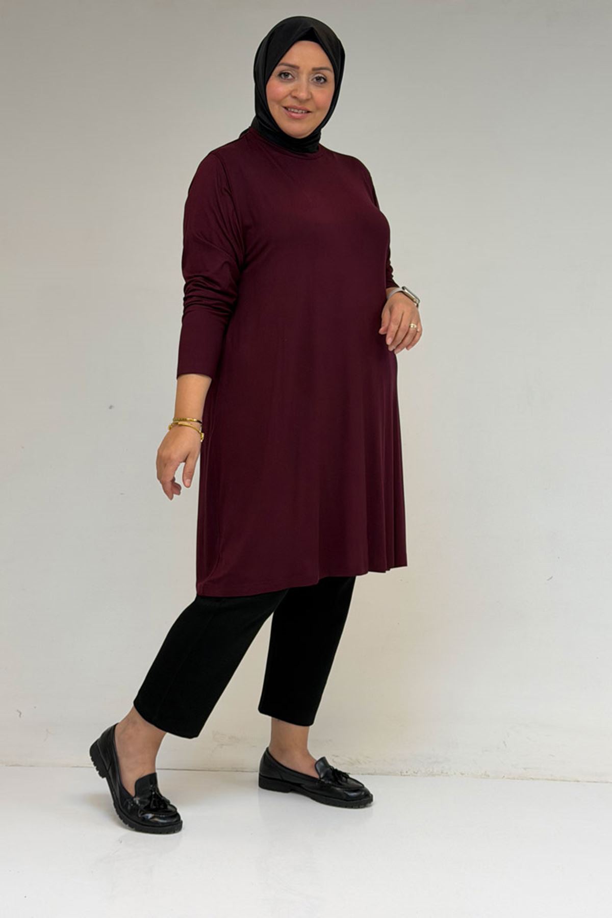 38501 Büyük Beden Basic Penye Tunik -  Bordo