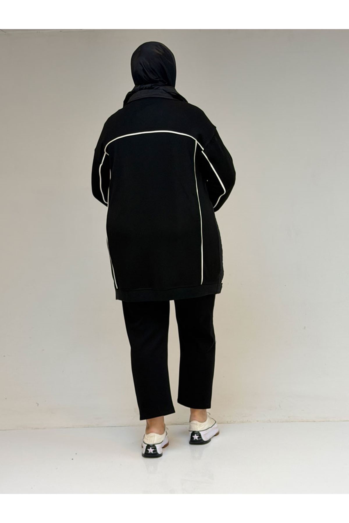 53029 Büyük Beden Biye Detaylı Kombinli Modal-Kapitone Ceket - Siyah-Siyah