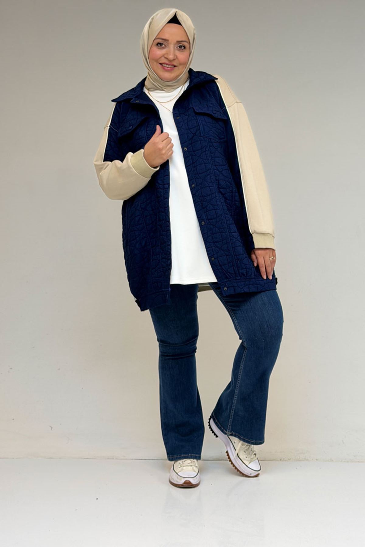 53029 Büyük Beden Biye Detaylı Kombinli Modal-Kapitone Ceket - İndigo-Bej