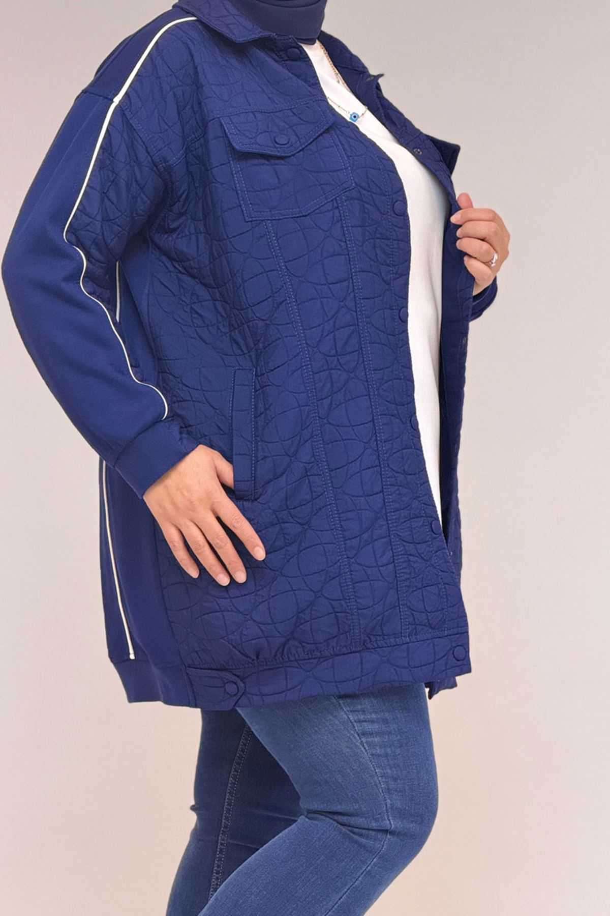53029 Büyük Beden Biye Detaylı Kombinli Modal-Kapitone Ceket - İndigo-İndigo