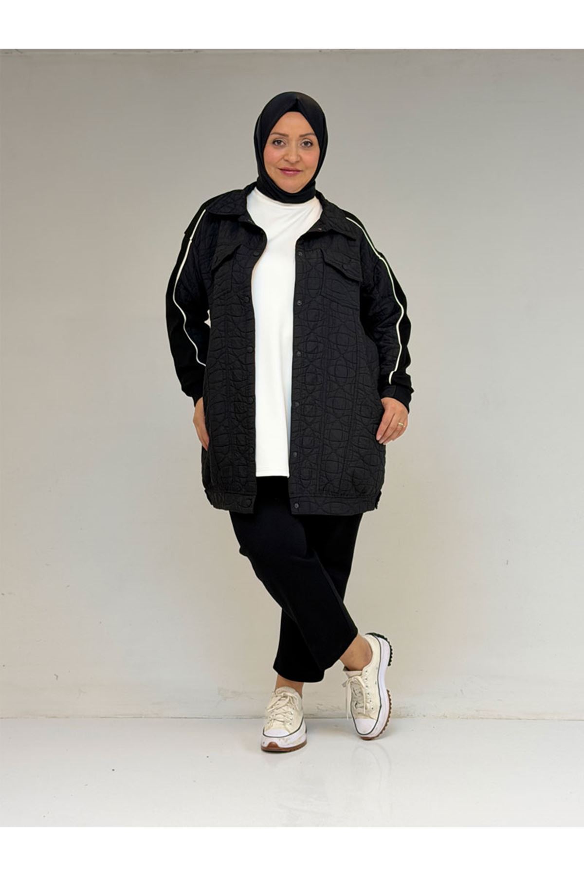 53029 Büyük Beden Biye Detaylı Kombinli Modal-Kapitone Ceket - Siyah-Siyah