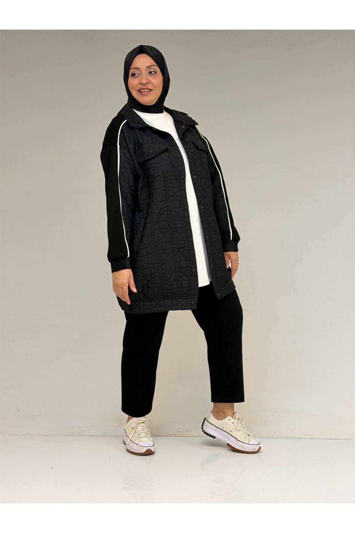 53029 Büyük Beden Biye Detaylı Kombinli Modal-Kapitone Ceket - Siyah-Siyah