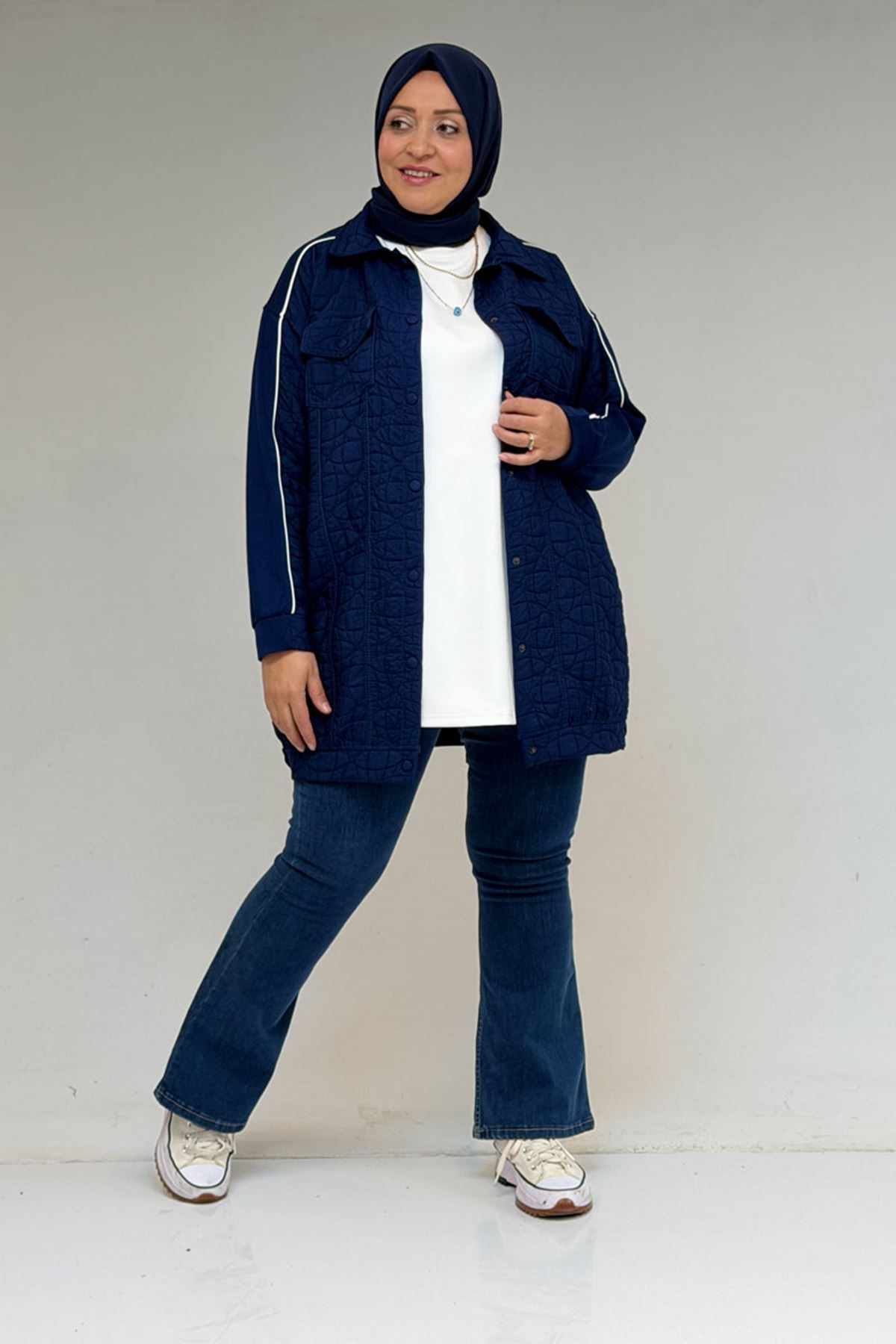 53029 Büyük Beden Biye Detaylı Kombinli Modal-Kapitone Ceket - İndigo-İndigo