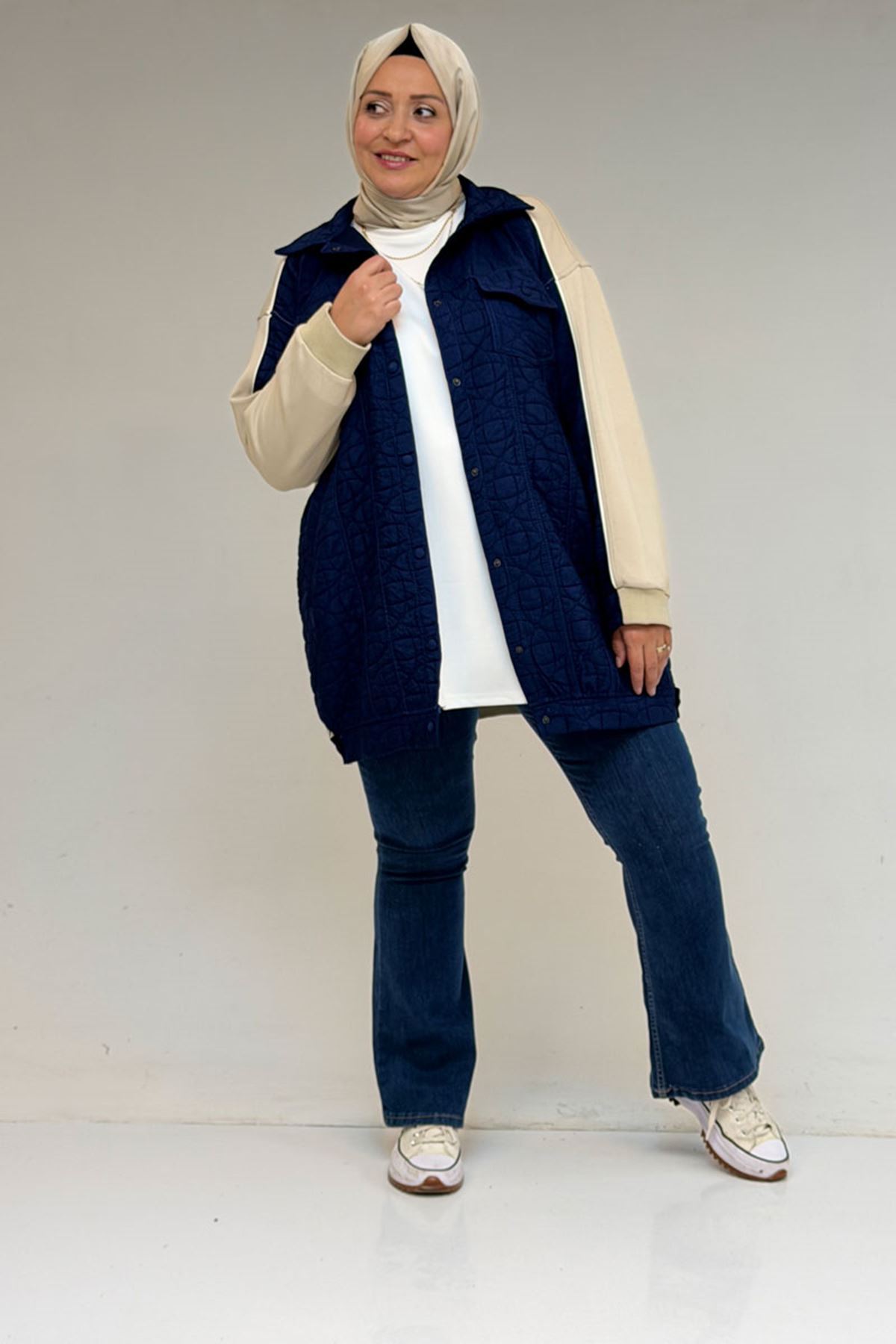 53029 Büyük Beden Biye Detaylı Kombinli Modal-Kapitone Ceket - İndigo-Bej