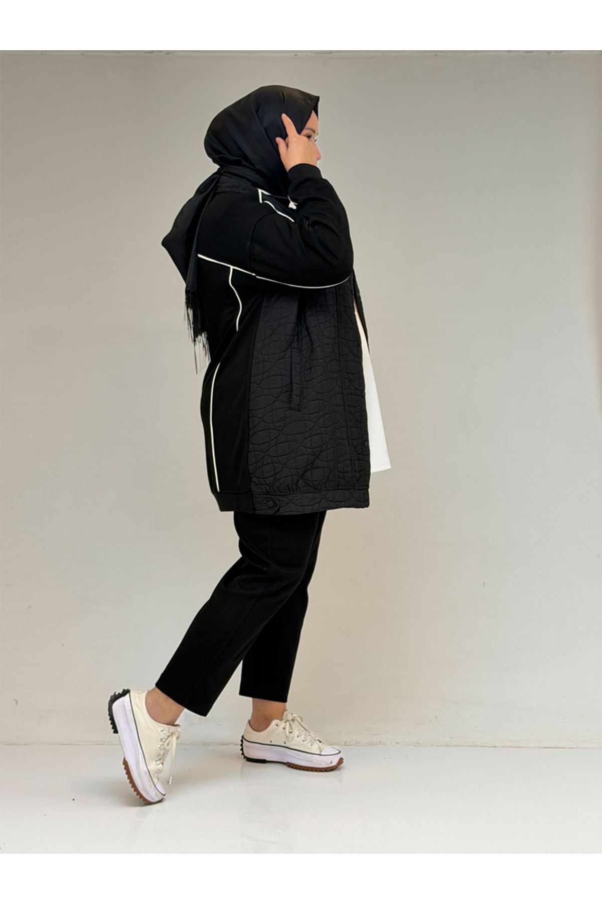 53029 Büyük Beden Biye Detaylı Kombinli Modal-Kapitone Ceket - Siyah-Siyah