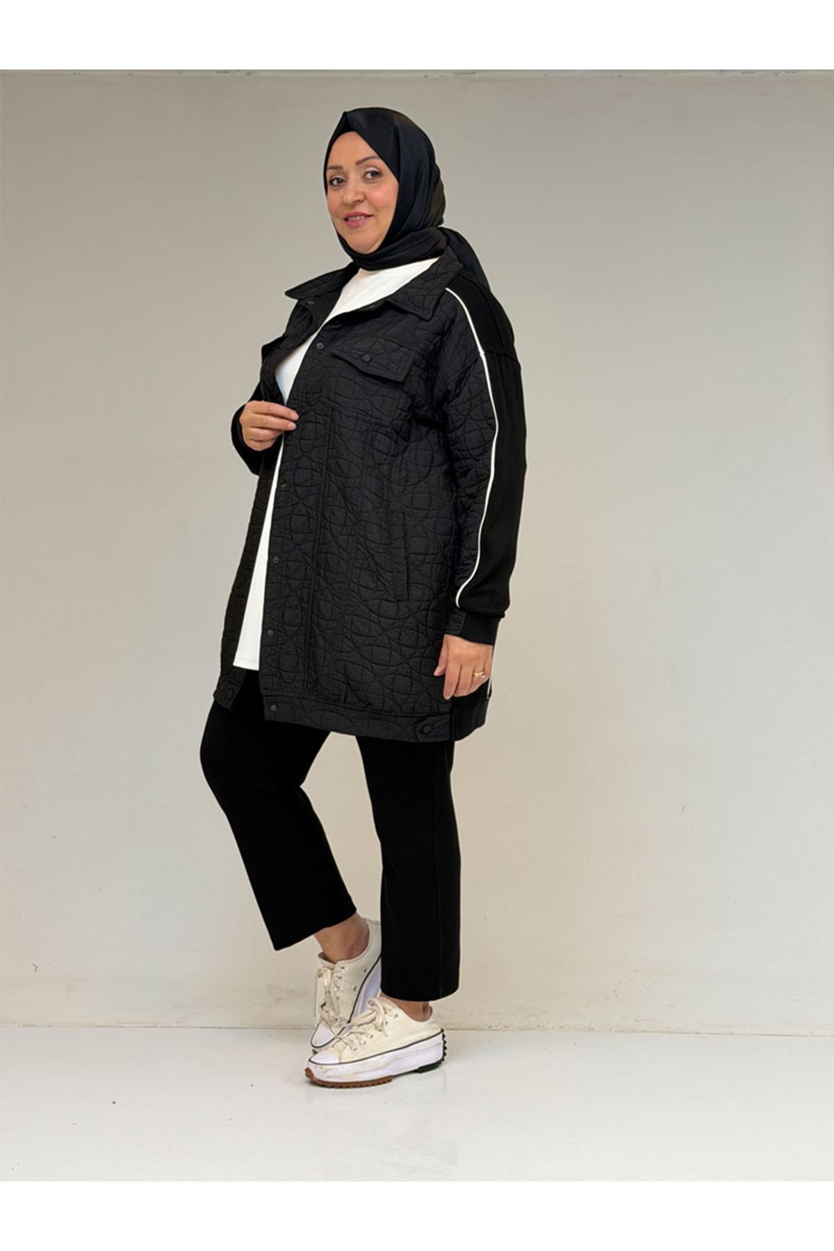 53029 Büyük Beden Biye Detaylı Kombinli Modal-Kapitone Ceket - Siyah-Siyah