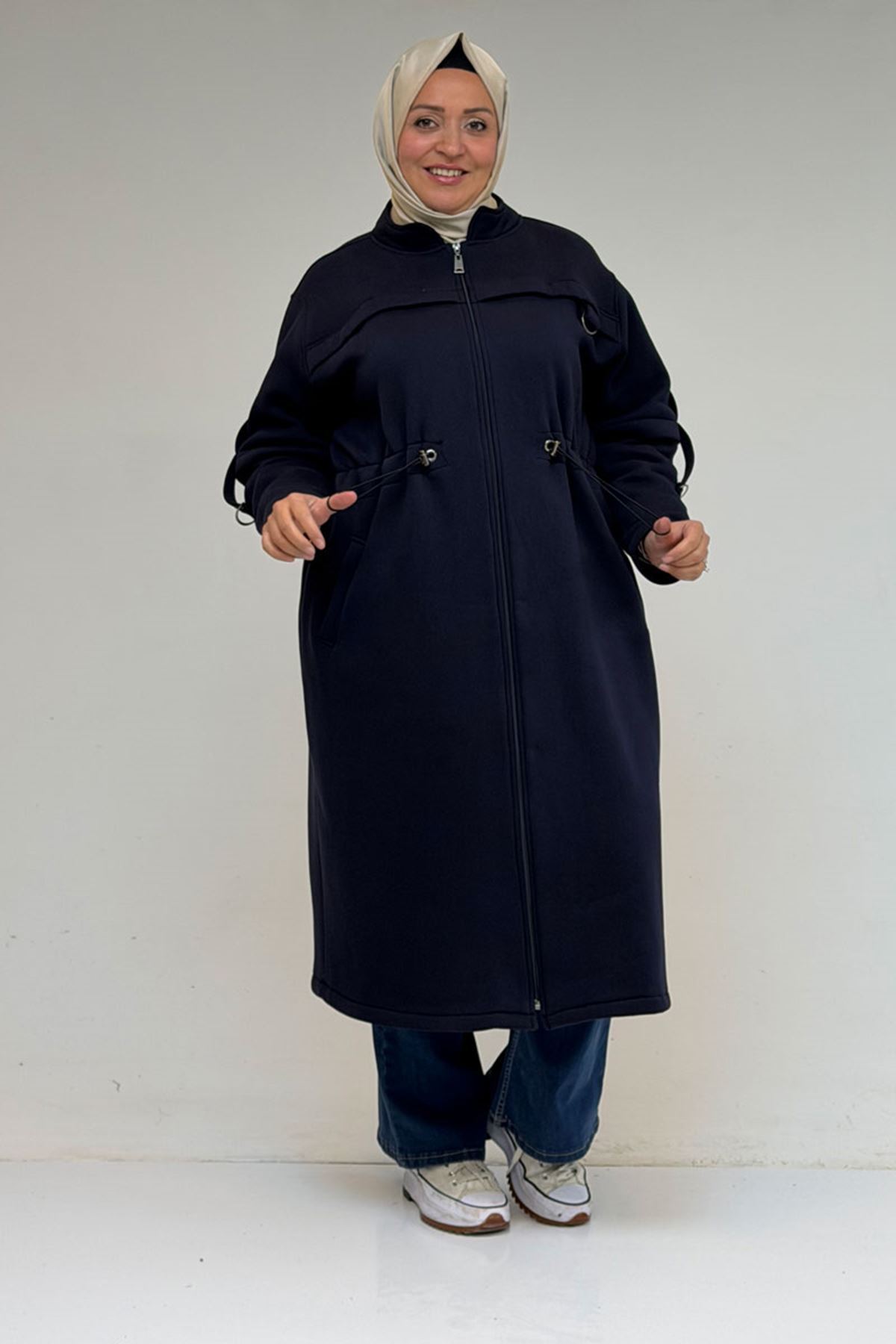 43065 Büyük Beden Hakim Yaka Önden Fermuarlı Üç İplik Kap - Lacivert