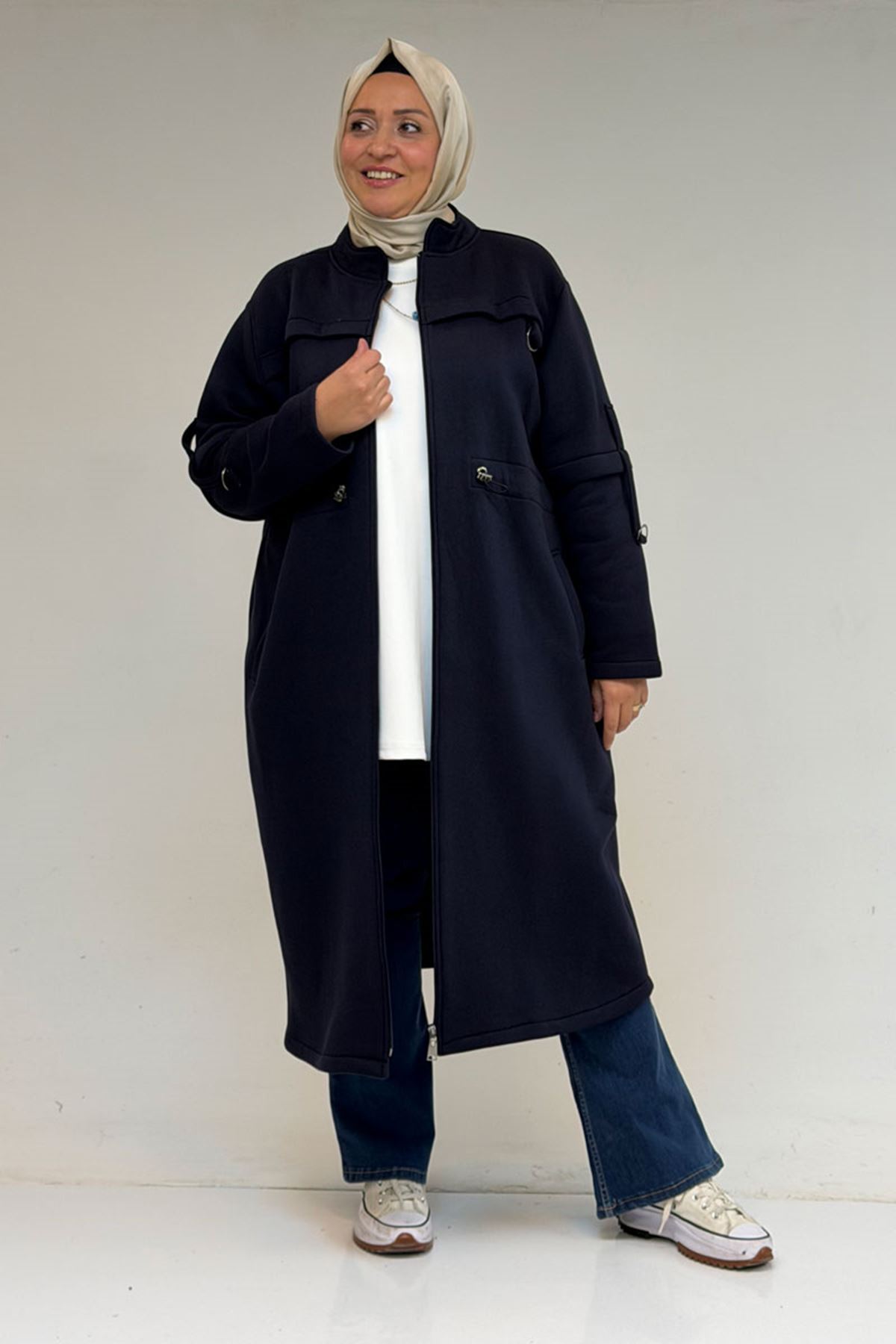 43065 Büyük Beden Hakim Yaka Önden Fermuarlı Üç İplik Kap - Lacivert