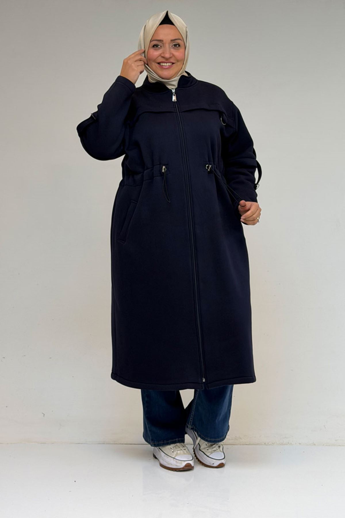 43065 Büyük Beden Hakim Yaka Önden Fermuarlı Üç İplik Kap - Lacivert