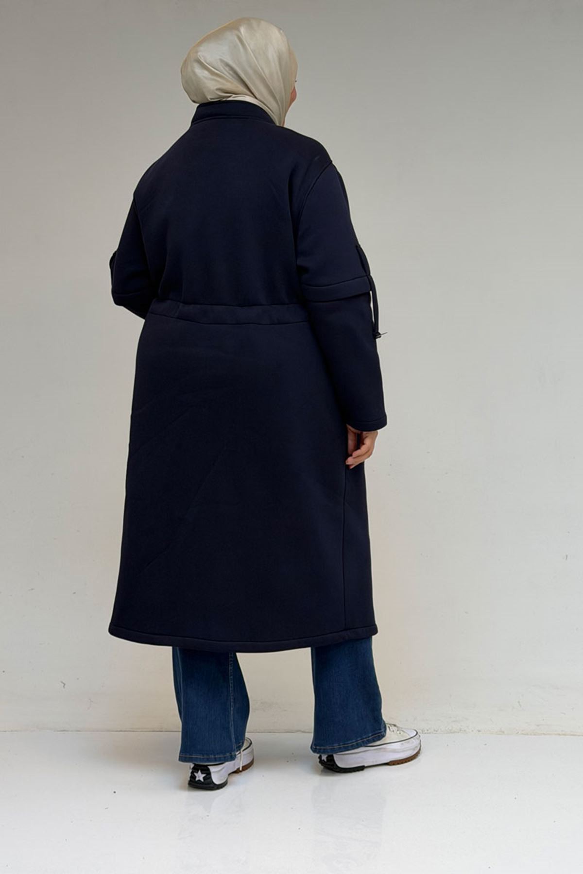 43065 Büyük Beden Hakim Yaka Önden Fermuarlı Üç İplik Kap - Lacivert