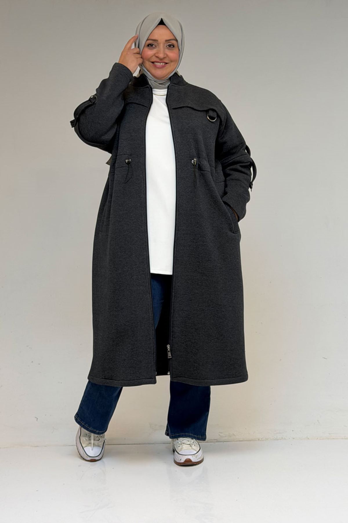 43065 Büyük Beden Hakim Yaka Önden Fermuarlı Üç İplik Kap - Antrasit