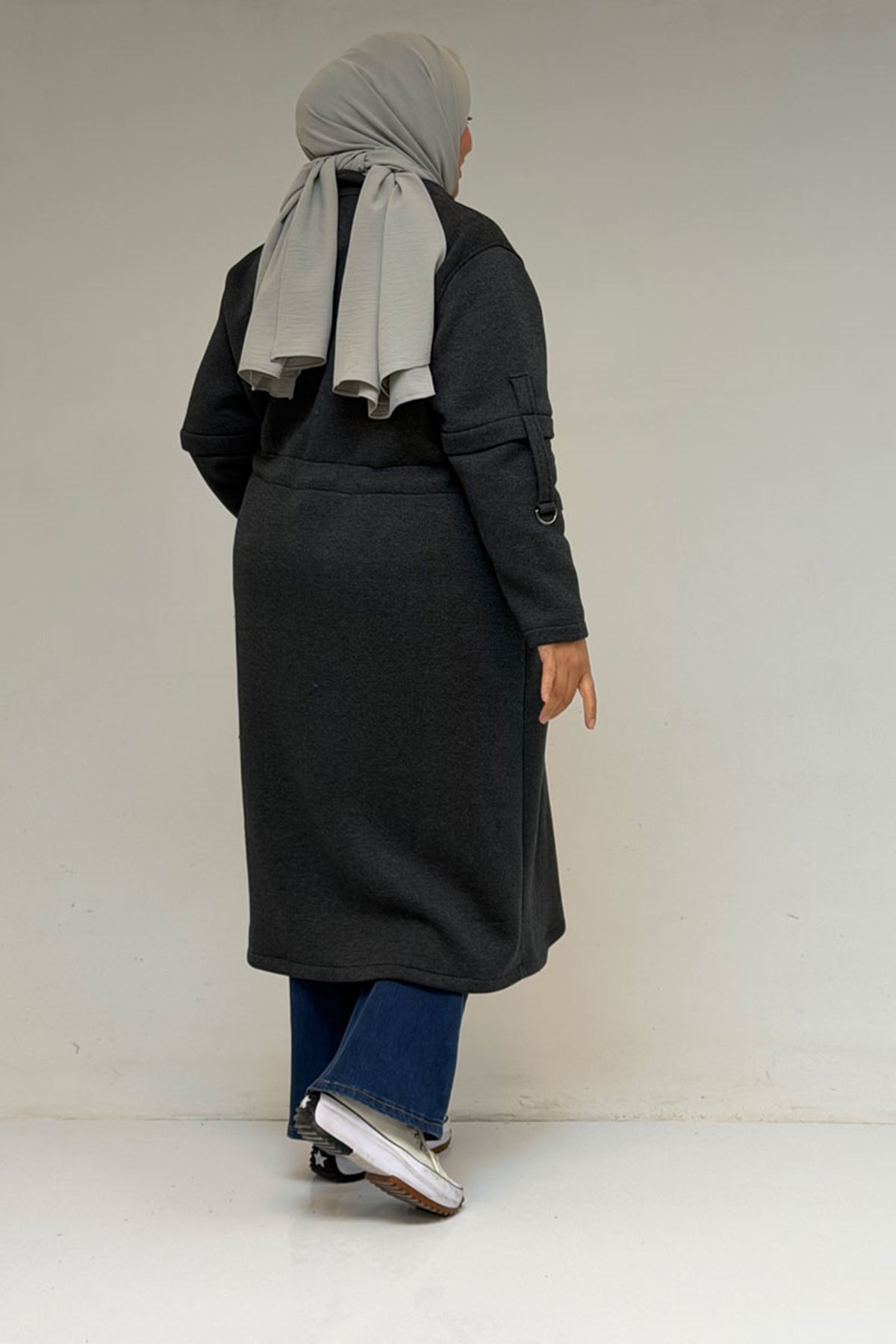 43065 Büyük Beden Hakim Yaka Önden Fermuarlı Üç İplik Kap - Antrasit