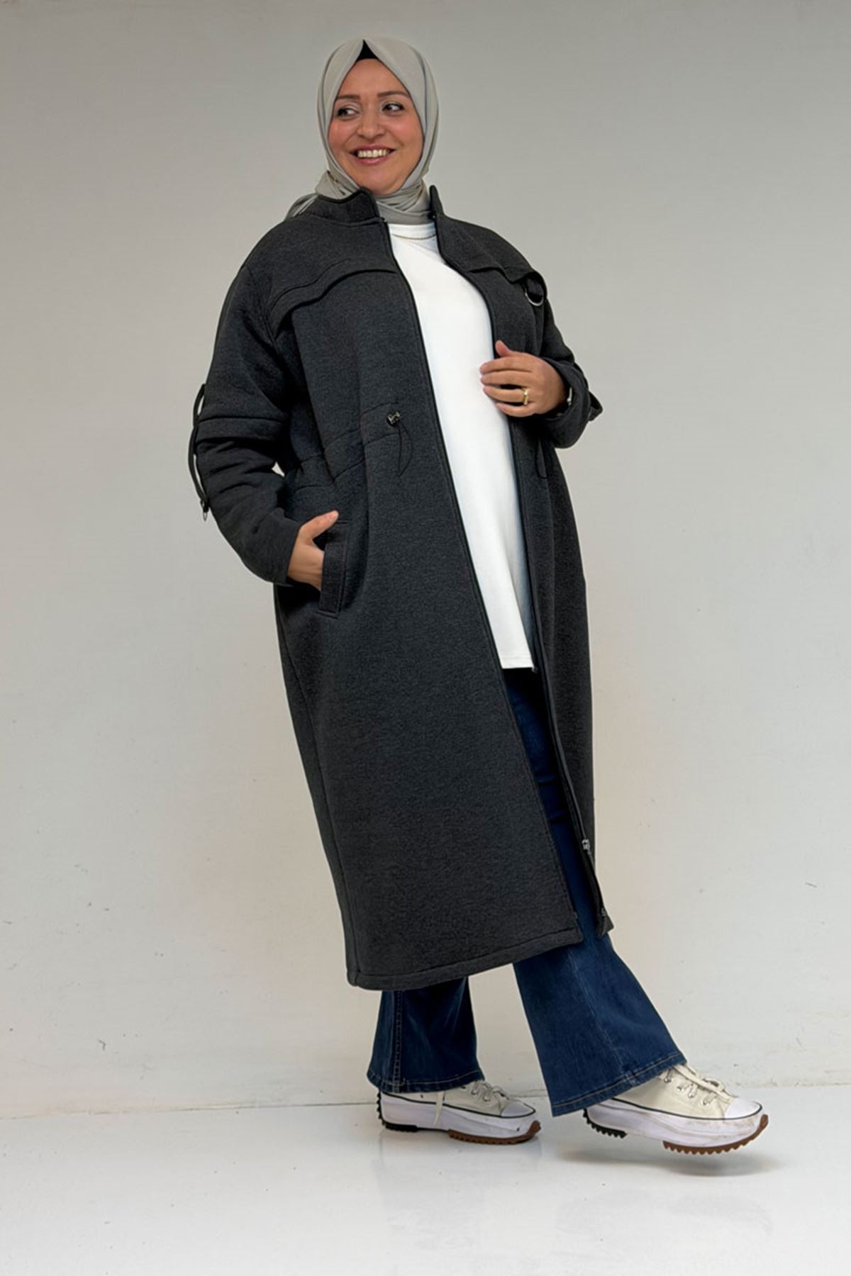 43065 Büyük Beden Hakim Yaka Önden Fermuarlı Üç İplik Kap - Antrasit