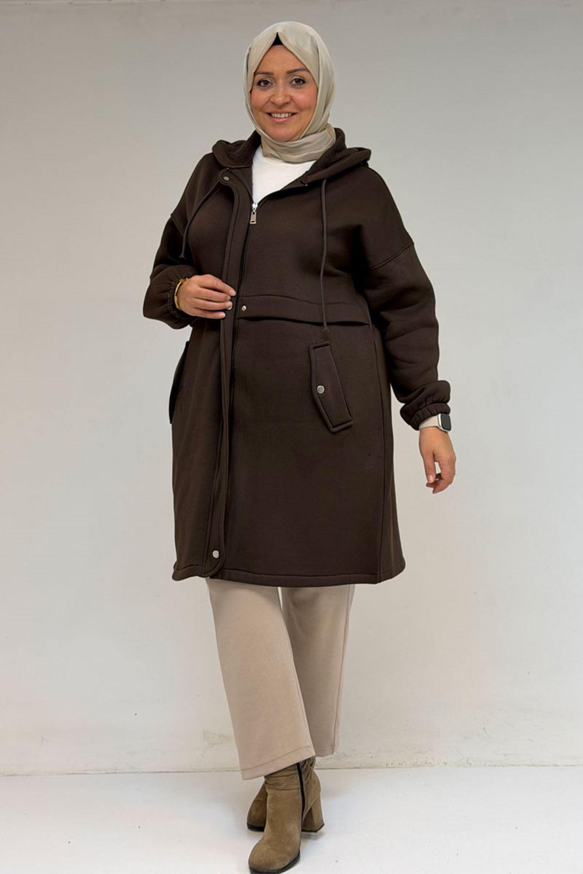 43076 Büyük Beden Cepli Kapşonlu Üç İplik Kap - Kahve