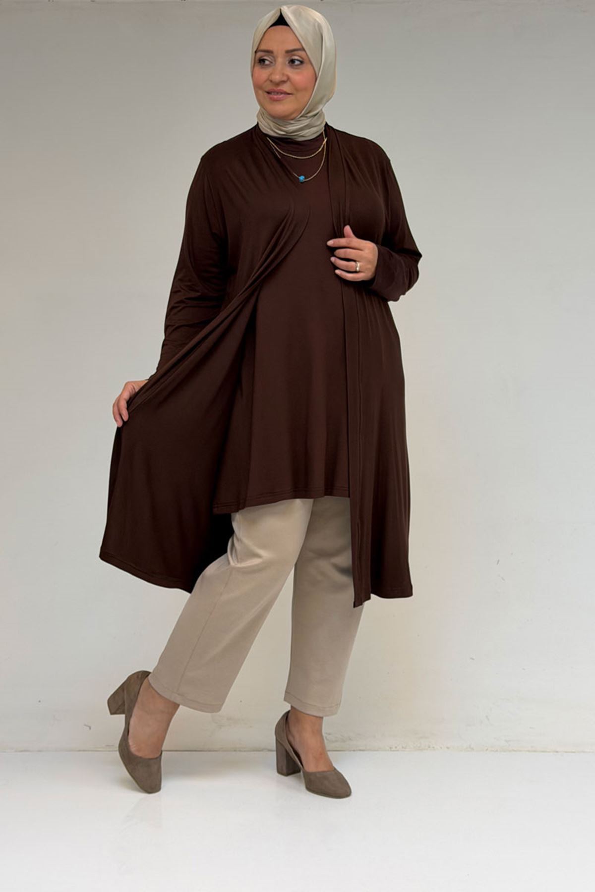 43008 Büyük Beden Penye Ceket - Kahve