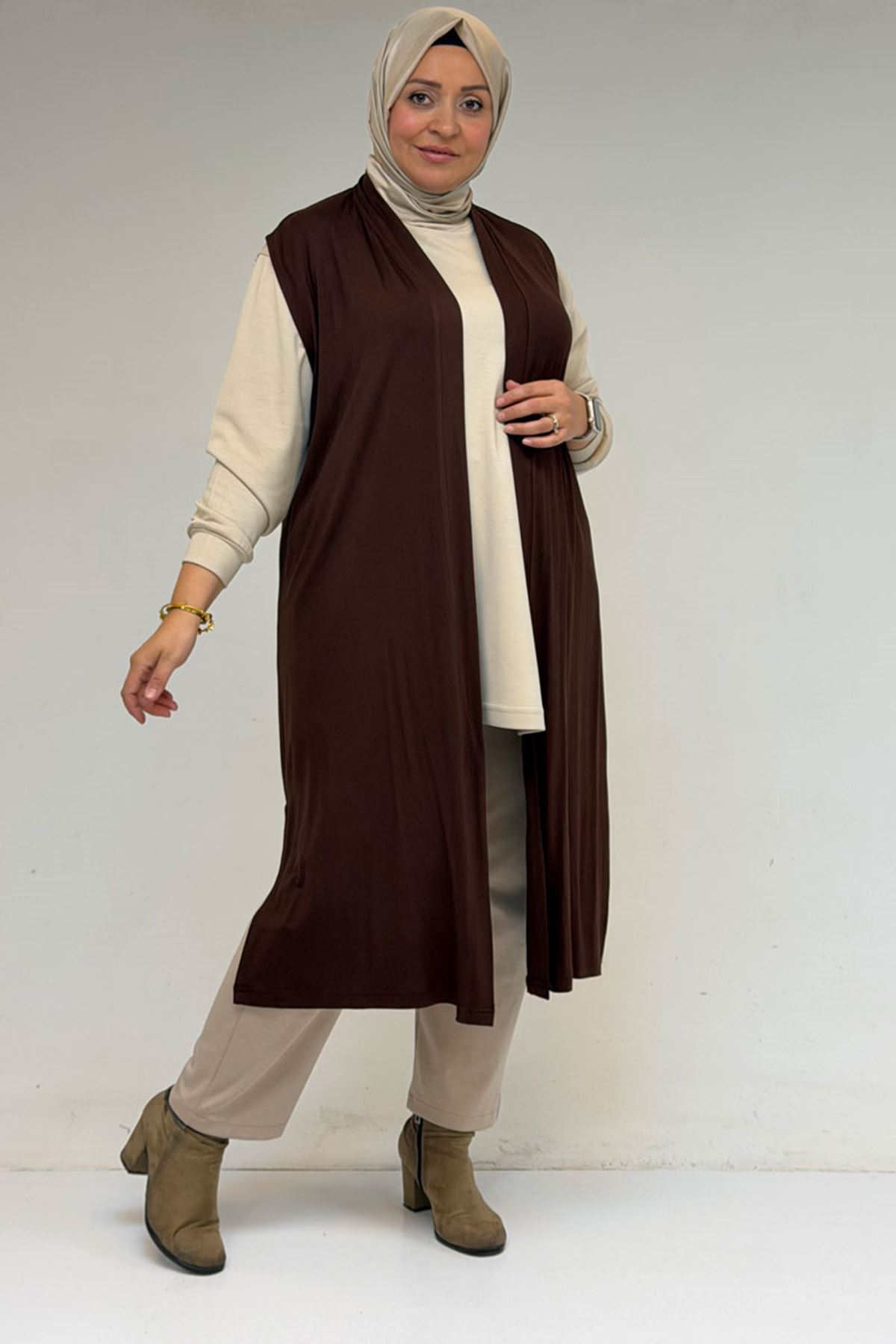 34000 Büyük Beden Penye Giy-Çık Yelek - Kahverengi