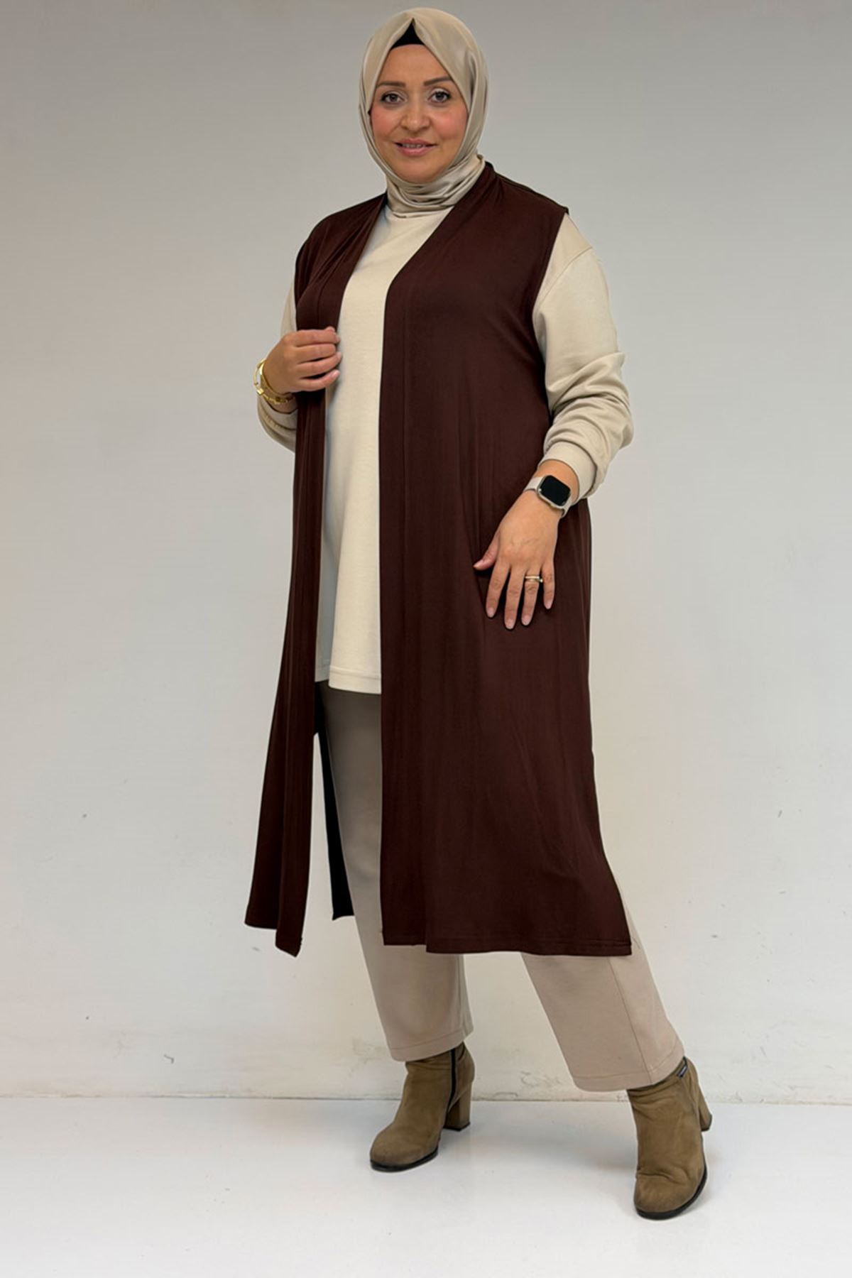 34000 Büyük Beden Penye Giy-Çık Yelek - Kahverengi