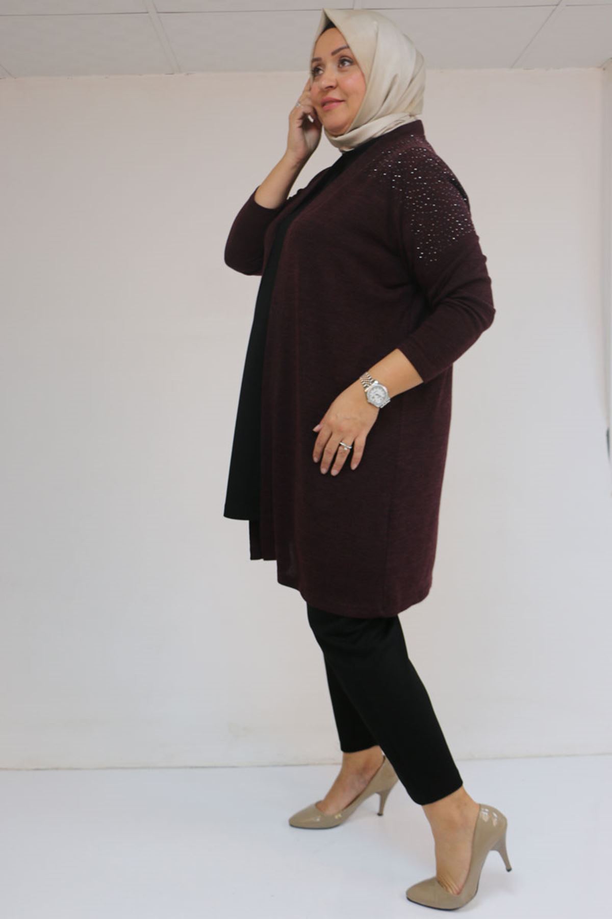 53047 Büyük Beden Omzu Taş Detaylı Mir Ceket - Mürdüm