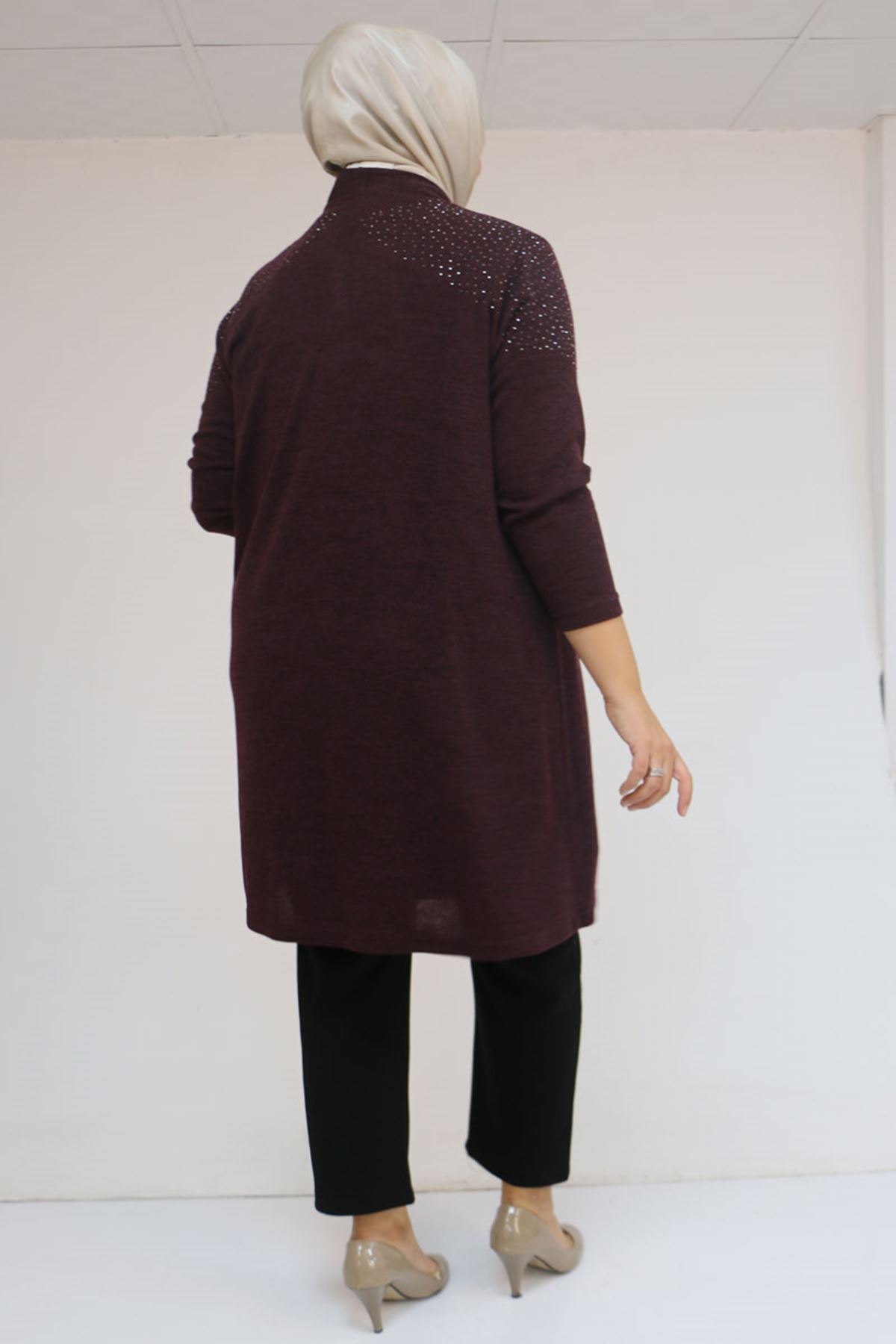 53047 Büyük Beden Omzu Taş Detaylı Mir Ceket - Mürdüm