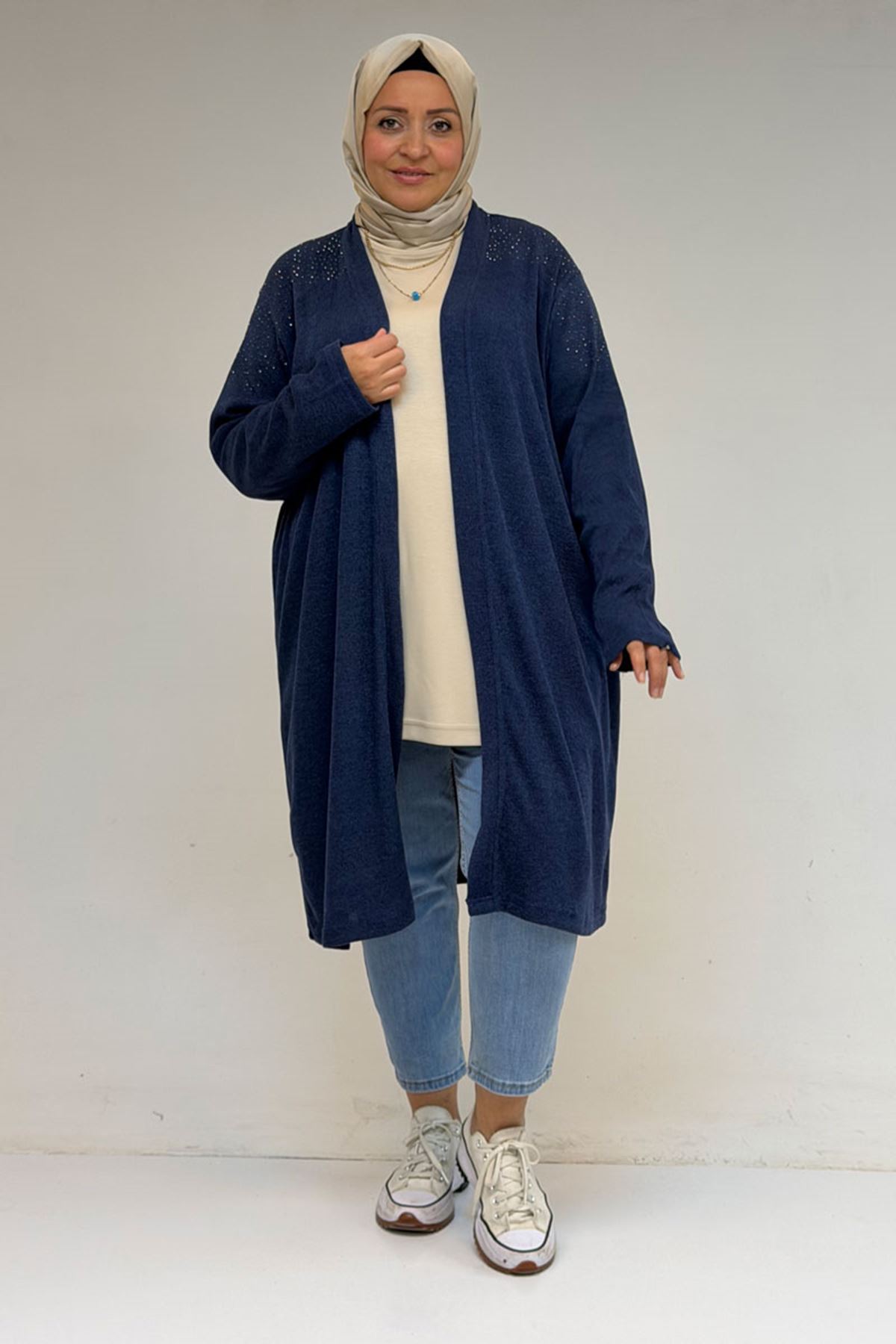 53047 Büyük Beden Omzu Taş Detaylı Mir Ceket - İndigo