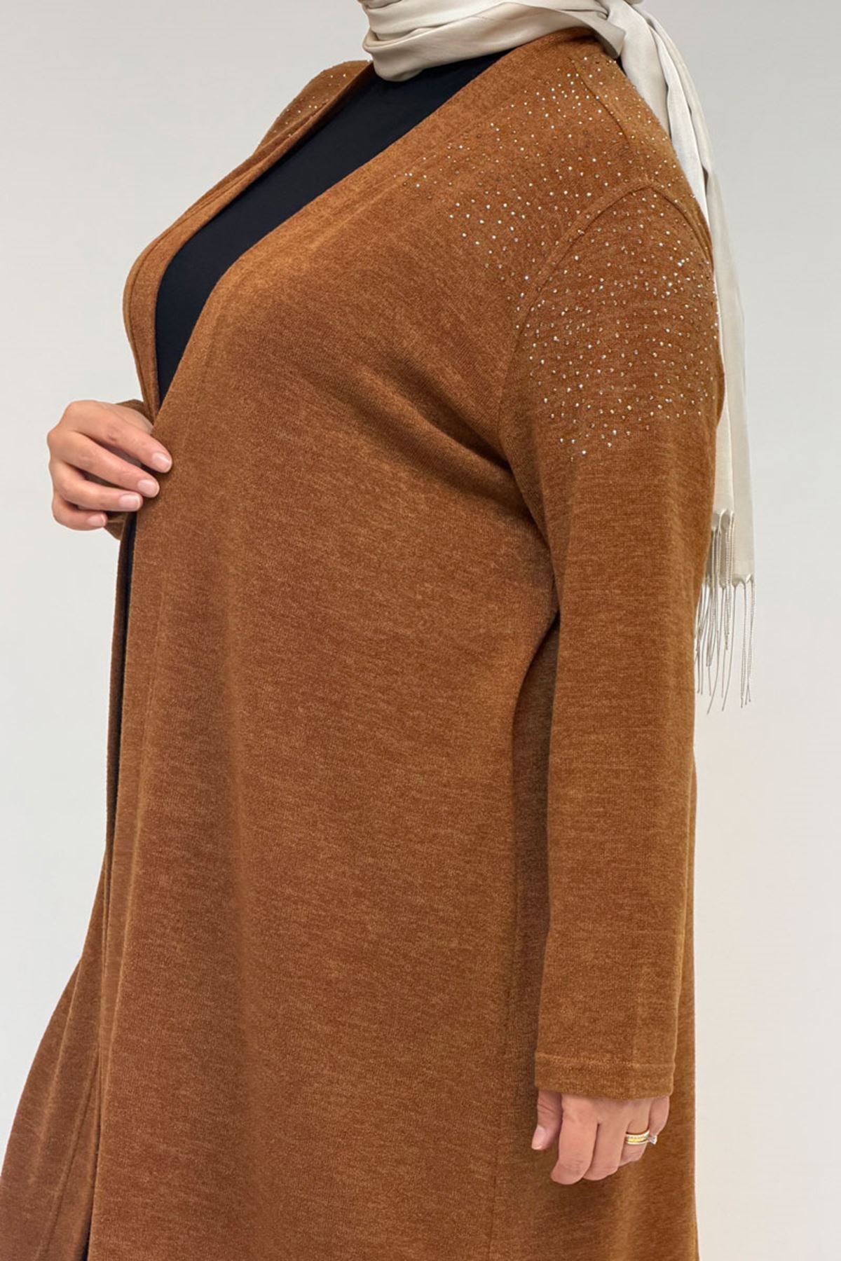 53047 Büyük Beden Omzu Taş Detaylı Mir Ceket - Taba