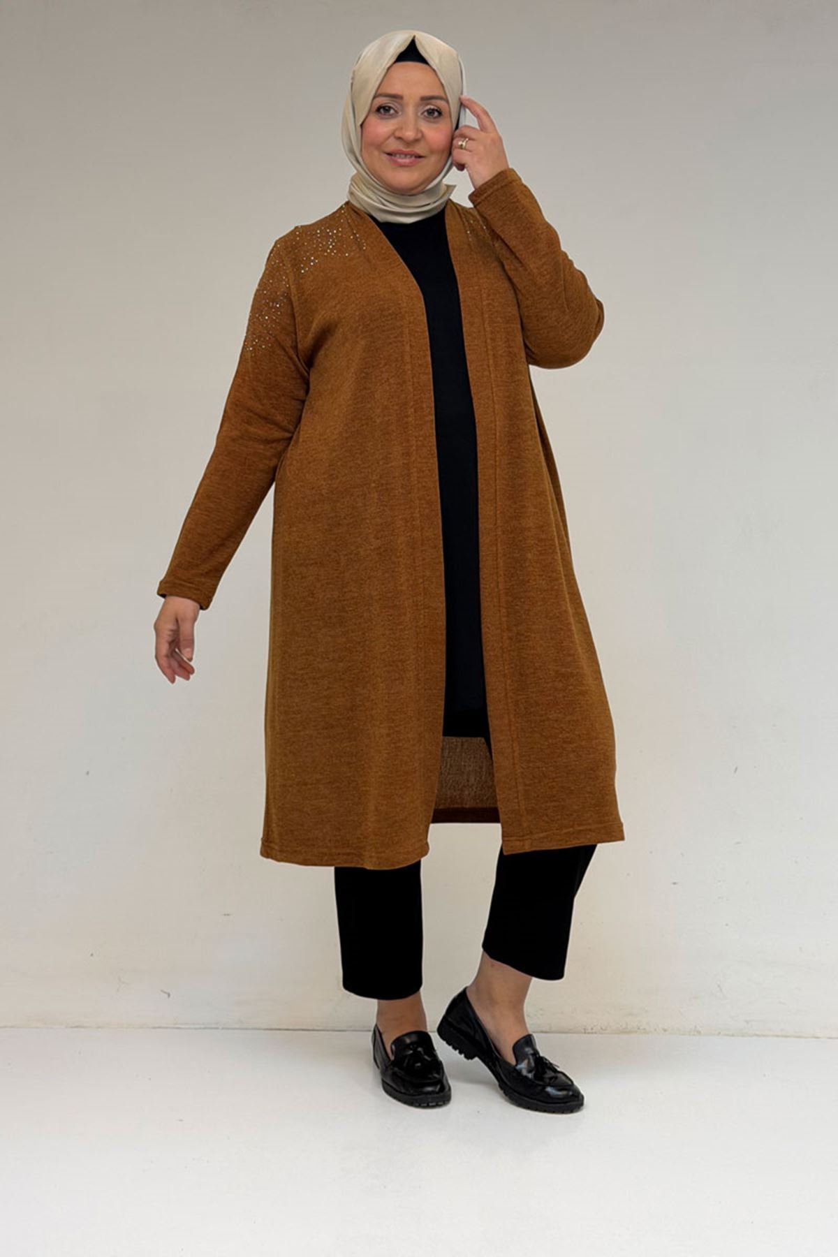 53047 Büyük Beden Omzu Taş Detaylı Mir Ceket - Taba