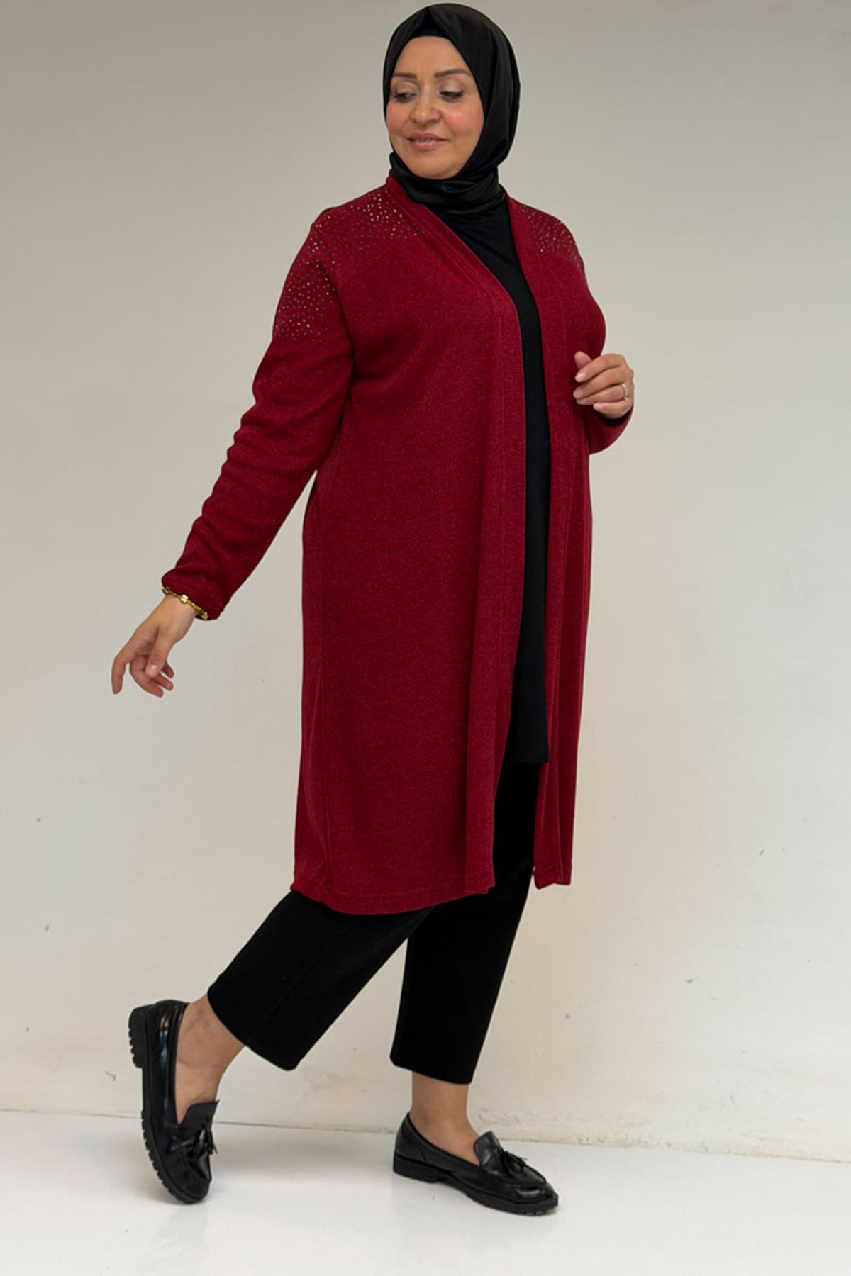 53047 Büyük Beden Omzu Taş Detaylı Mir Ceket - Bordo