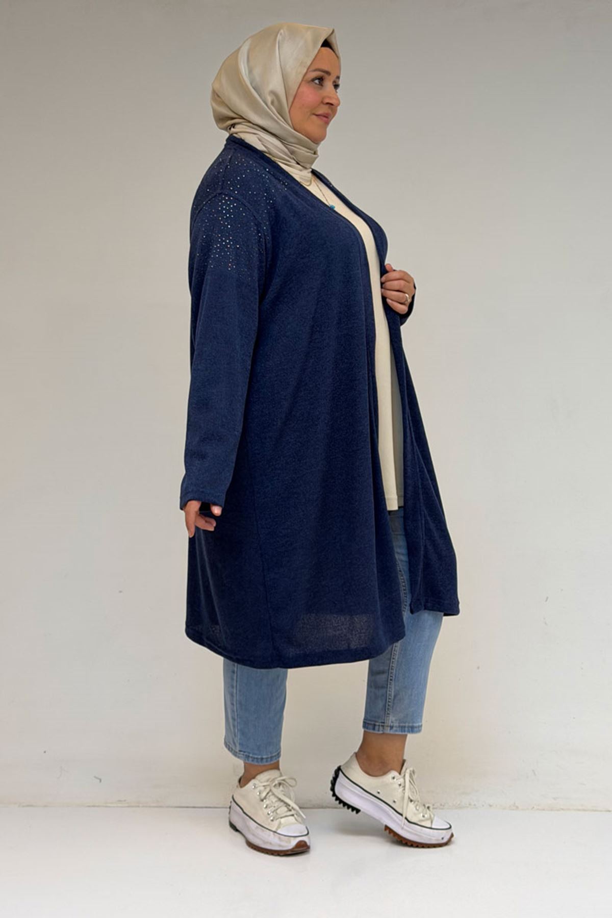 53047 Büyük Beden Omzu Taş Detaylı Mir Ceket - İndigo